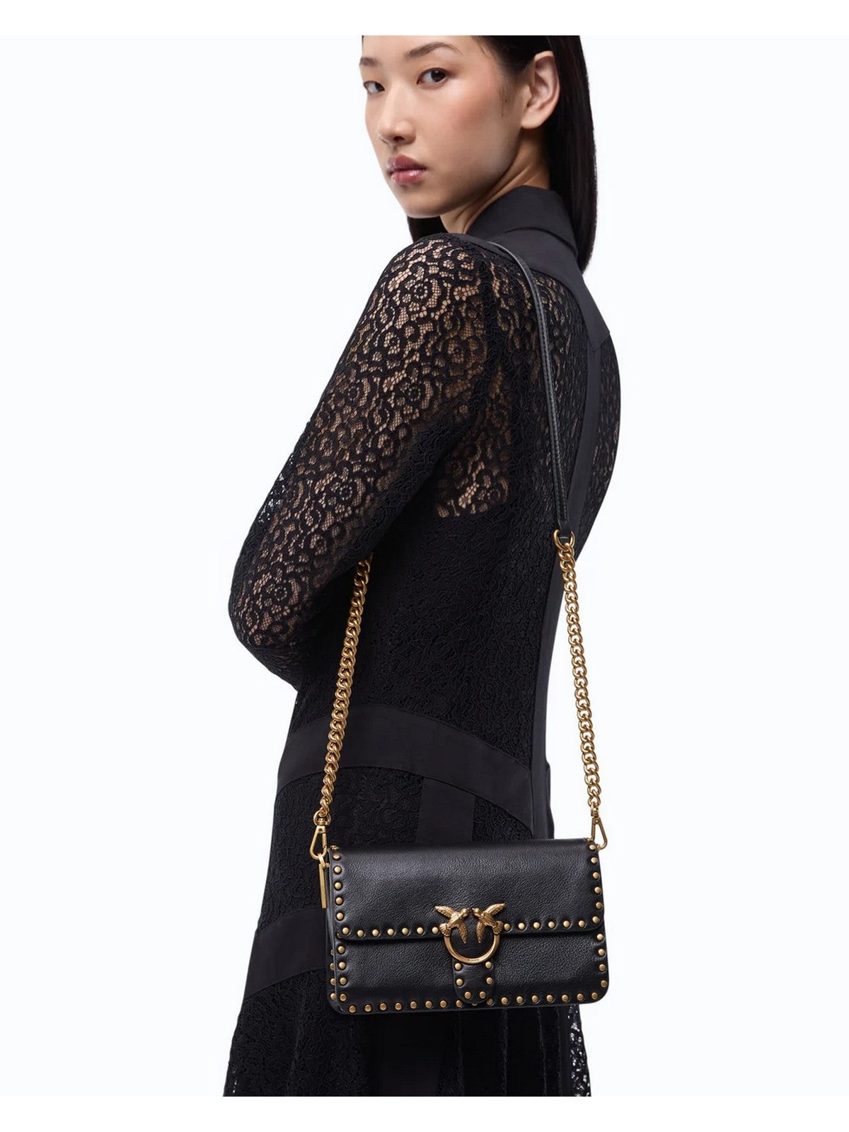 PINKO Borsa Donna LOVE ONE SLOUCHY MN. STUDS SMA NERO-ANTIQUE GOLD - 107665-A2JG Z99Q