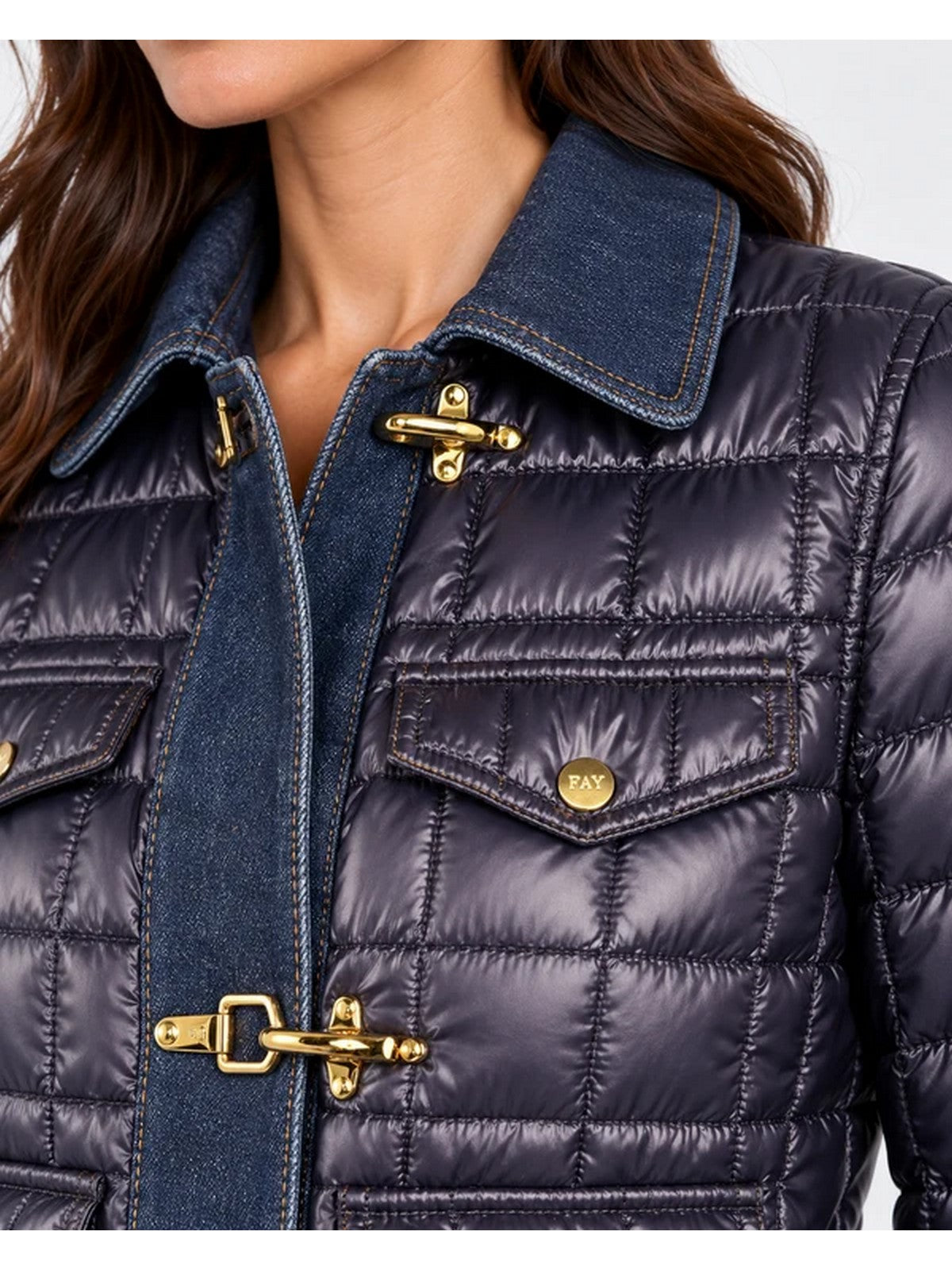 FAY Giubbino Donna GIUBB TRAP.3 GANCI+DENIM BLU PETROLIO - NAW44533450XOSU809