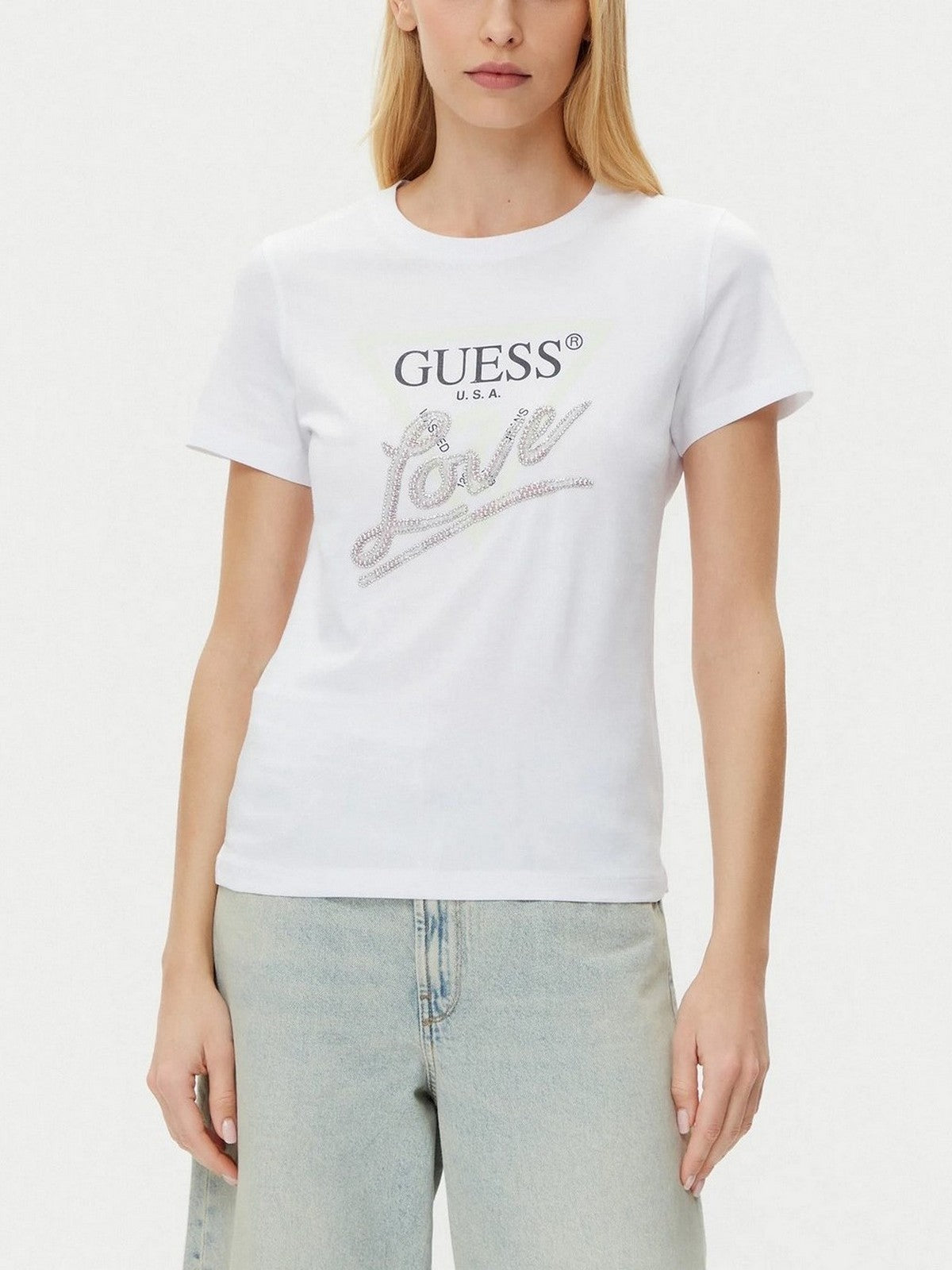 GUESS T-shirt Donna CN SS LOVE TRIANGLE TEE W5GI05 I3Z14 G011 Bianco gioboutiqueweb