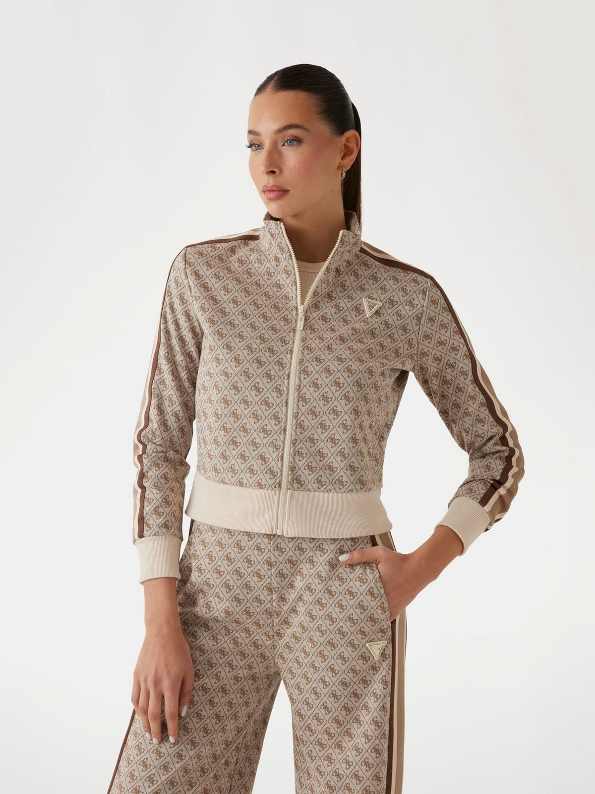 GUESS SPORT Felpa Donna JEAN G LOGO FULL ZIP V5RQ03 KCO90 FN4T Beige gioboutiqueweb