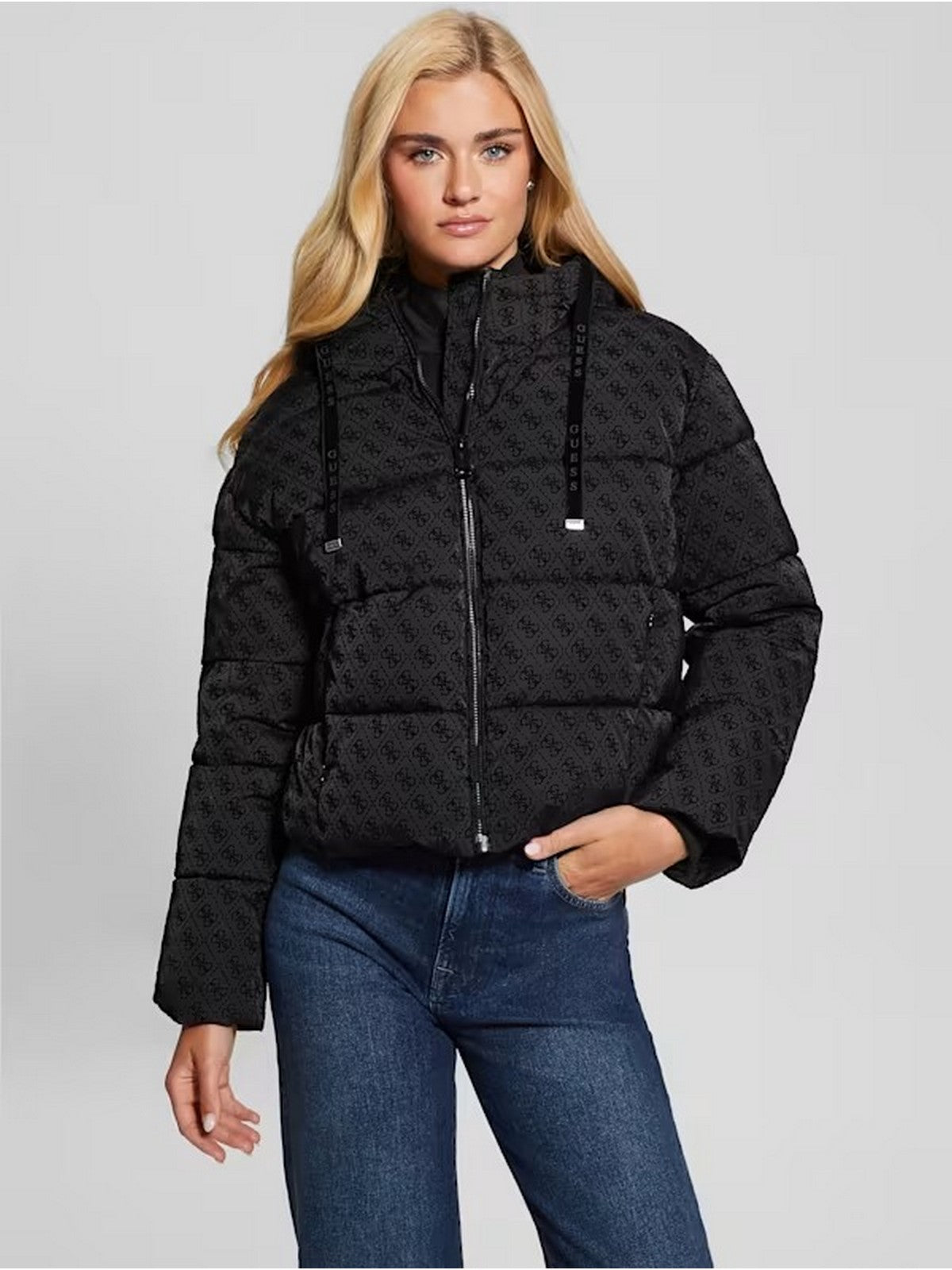 GUESS Piumino Donna DAISY PUFFER LOGO FLOCK W4BL36 WGJZ0 FJ55 Nero gioboutiqueweb