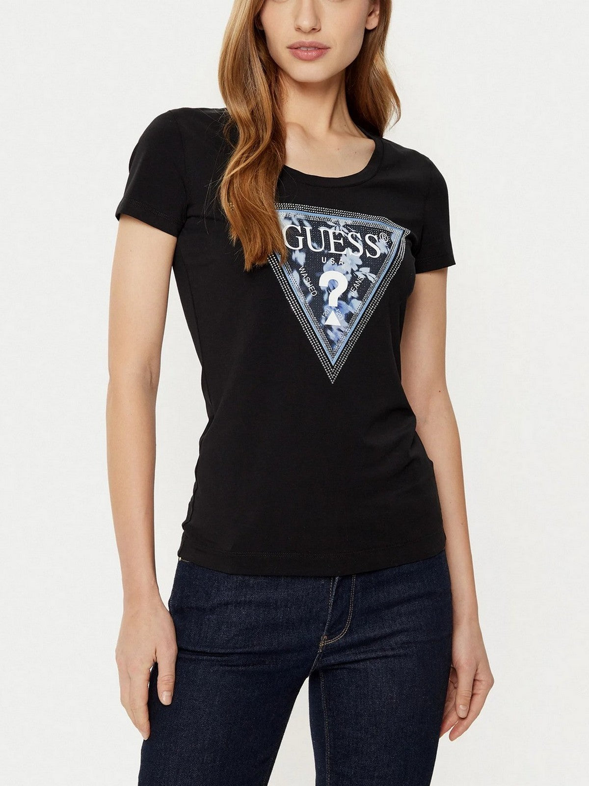 GUESS T-shirt Donna SS CN TRIANGLE FLOWER TEE W5RI00 J1314 JBLK Nero gioboutiqueweb