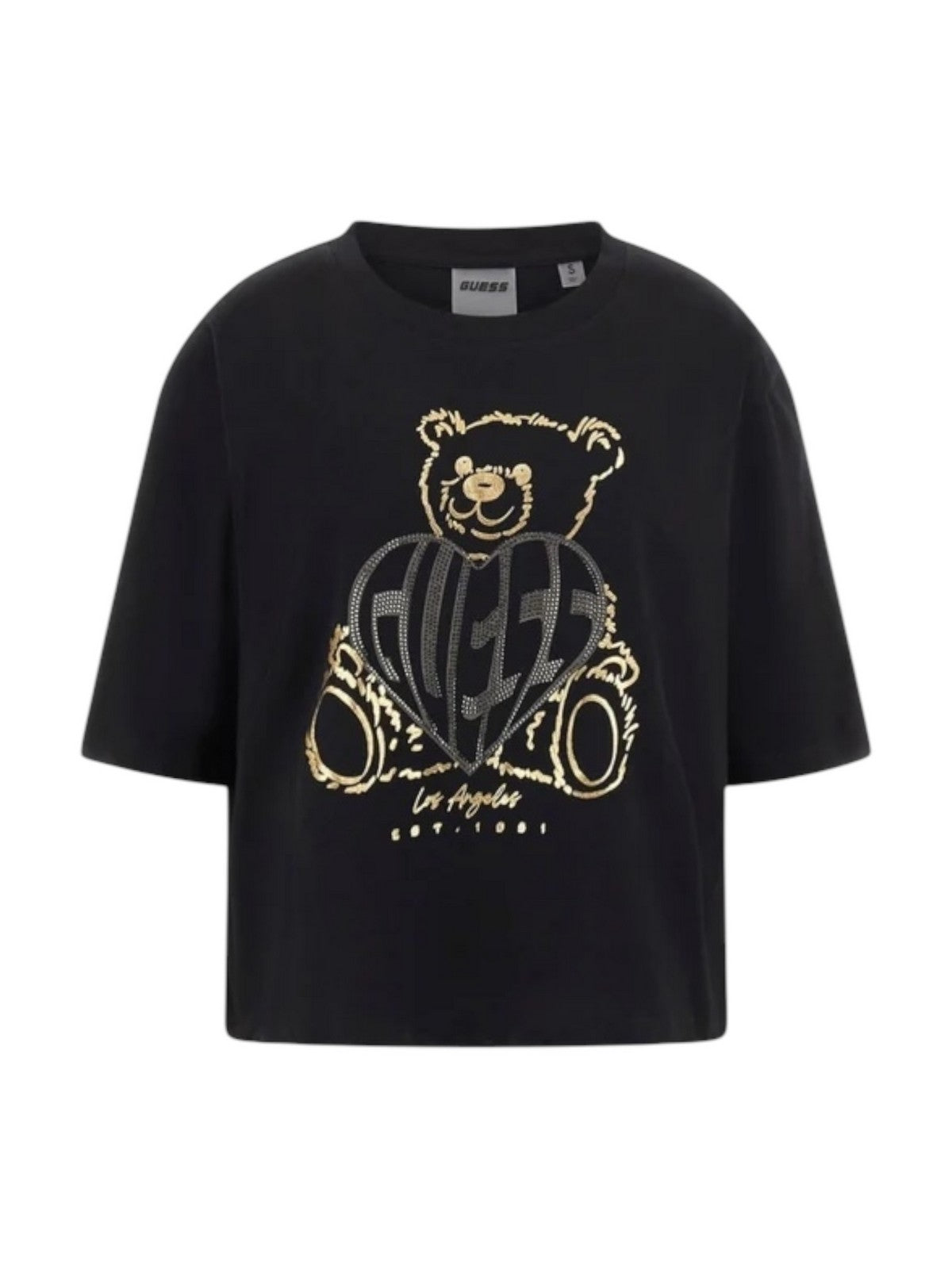 GUESS SPORT T-shirt Donna RHINESTONE BEAR BOXY V5RI09 I3Z14 JBLK Nero gioboutiqueweb