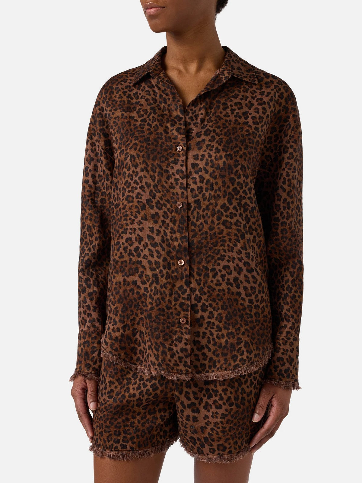 MC2 SAINT BARTH Camicia Donna CRISTAL 07842L LINEN SAND LEOPARD 19 FRINGE