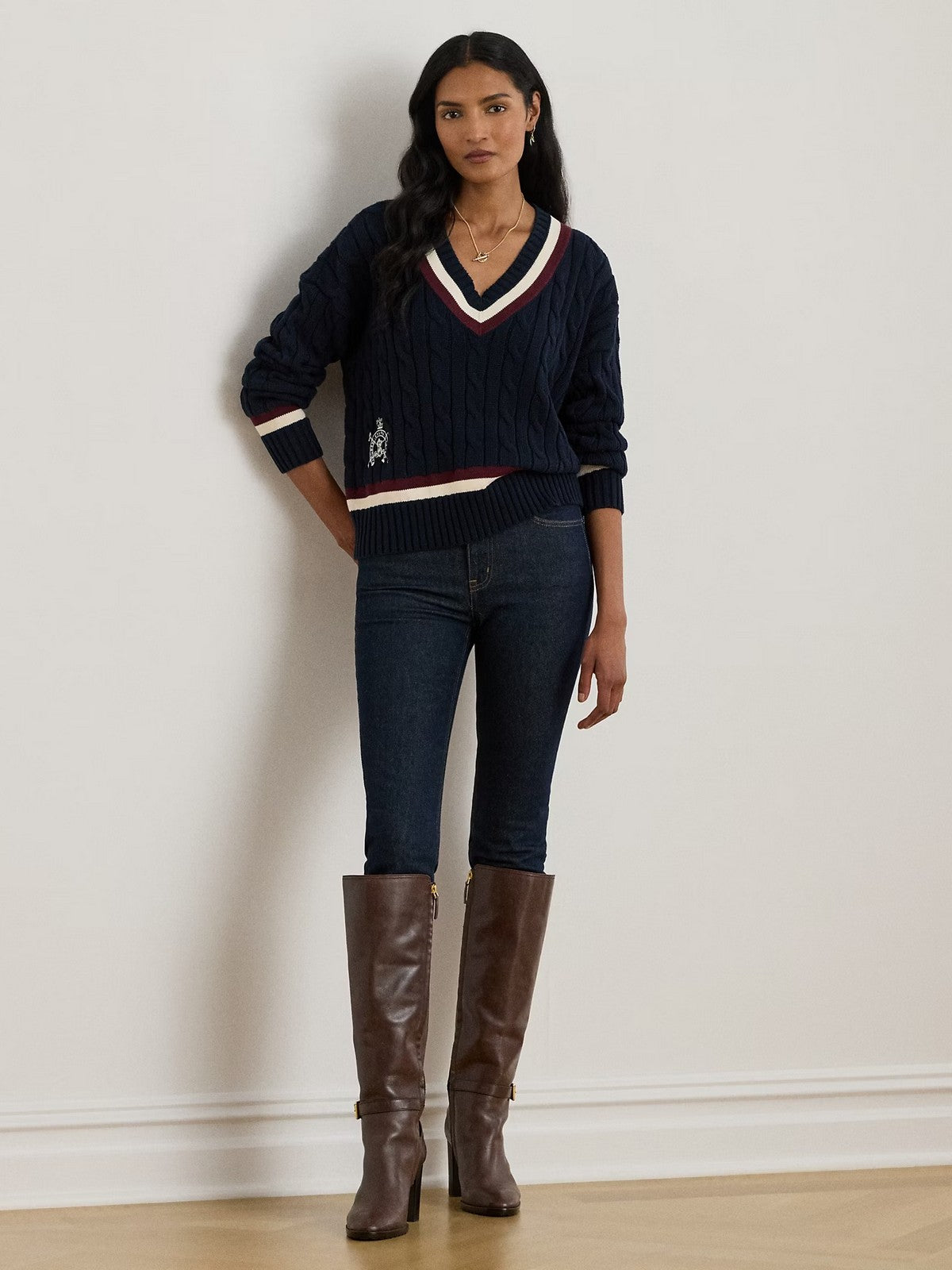 LAUREN RALPH LAUREN Maglia Donna TEDURPH-LONG SLEEVE-PULLOVER 200P03474 001 LAUREN NAVY/CREAM/DARK GARNET