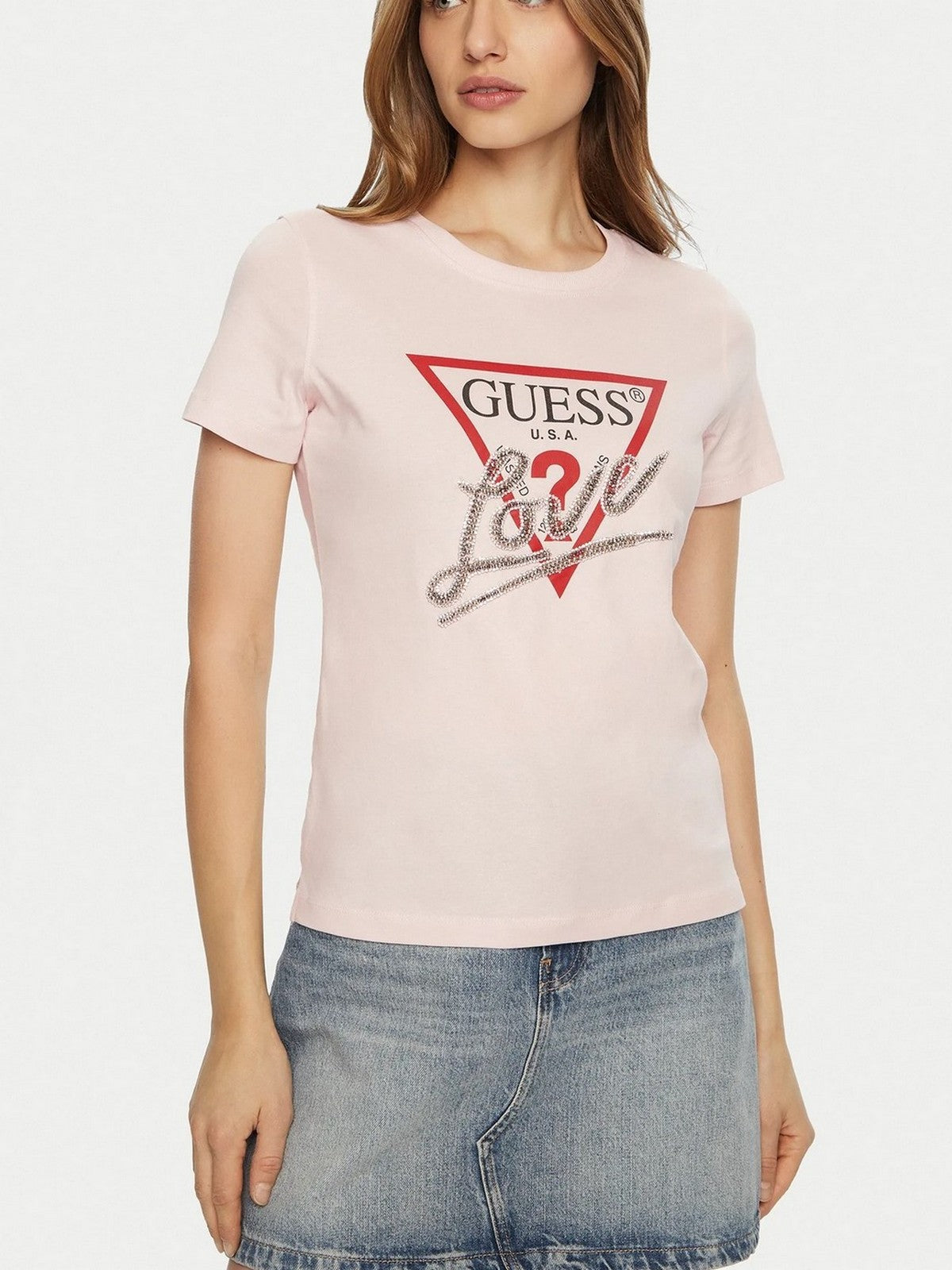 GUESS T-shirt Donna SS CN TRIANGLE LOVE TEE W5RI10 I3Z14 A60W Rosa gioboutiqueweb