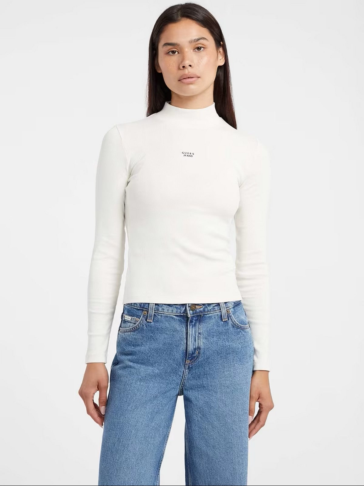 GUESS Maglia Donna GJ LS MOCK NECK EMBRO SLIM TOP W5BP23 KA0H1 G053 SANDY SHORE