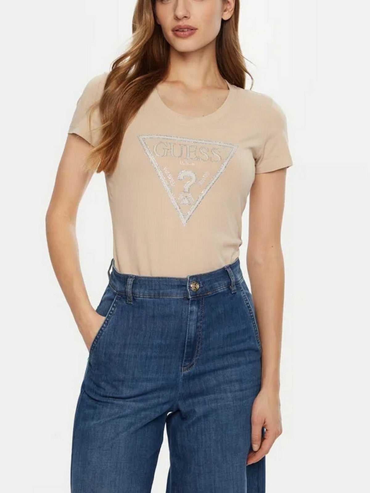 GUESS T-shirt Donna SS CN SHINY TRIANGLE TEE W5RI11 J1314 A90F CEMENTO gioboutiqueweb