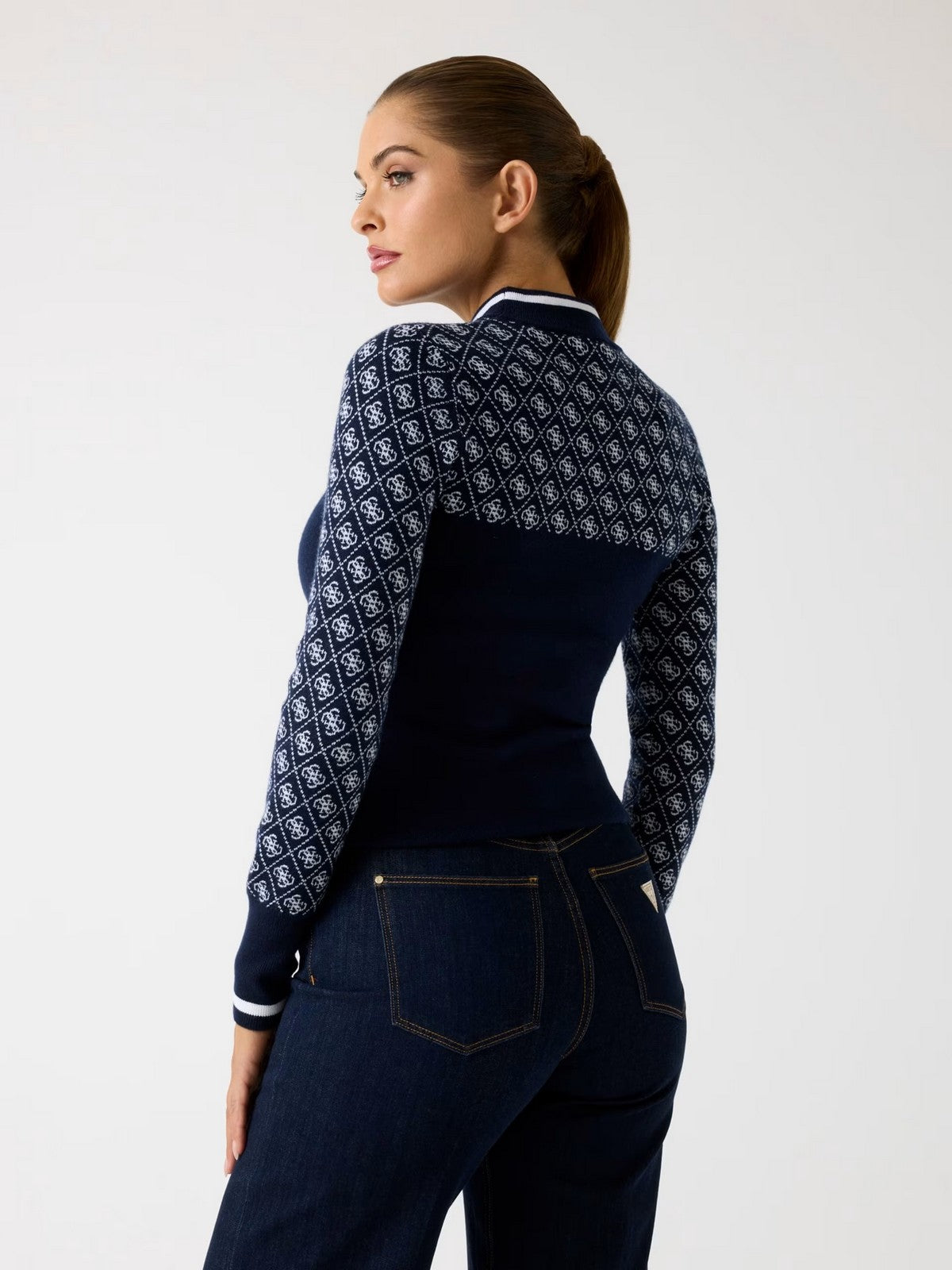 GUESS Maglione Donna LS MOCK NECK AUBREY 4G SWTR W5BR24 Z3JD2 FBDI 4G BLUE AND CREAM