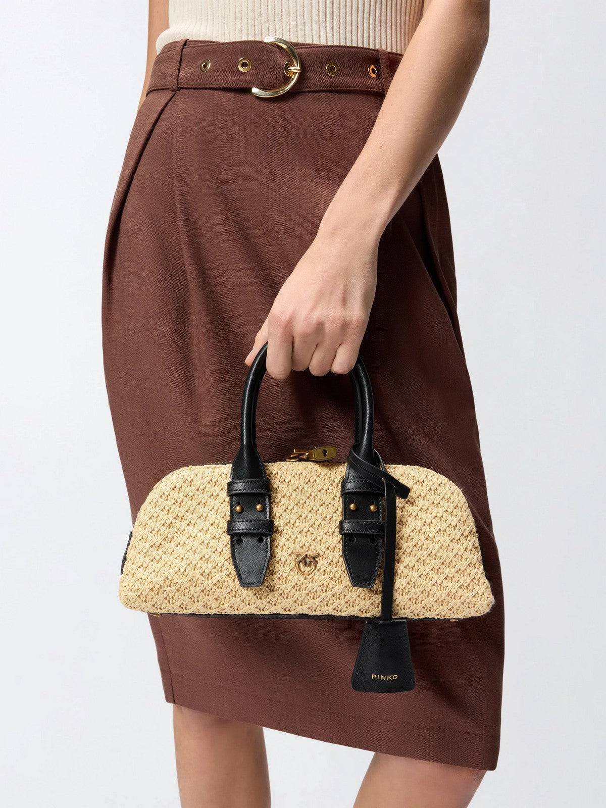 PINKO Borsa Donna BOWLING BAG HORIZONTAL RAFIA + 105334-A1RL C24Q RAFIA/NERO-ANTIQUE GOLD