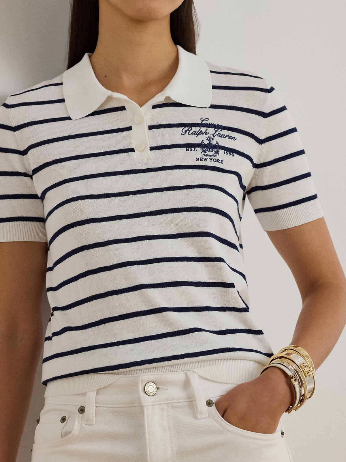 LAUREN RALPH LAUREN Polo de Mujer NATRISSA-MANGA CORTA-PULLOVER 200P03506 001 BLANCO/MARINO REFINADO