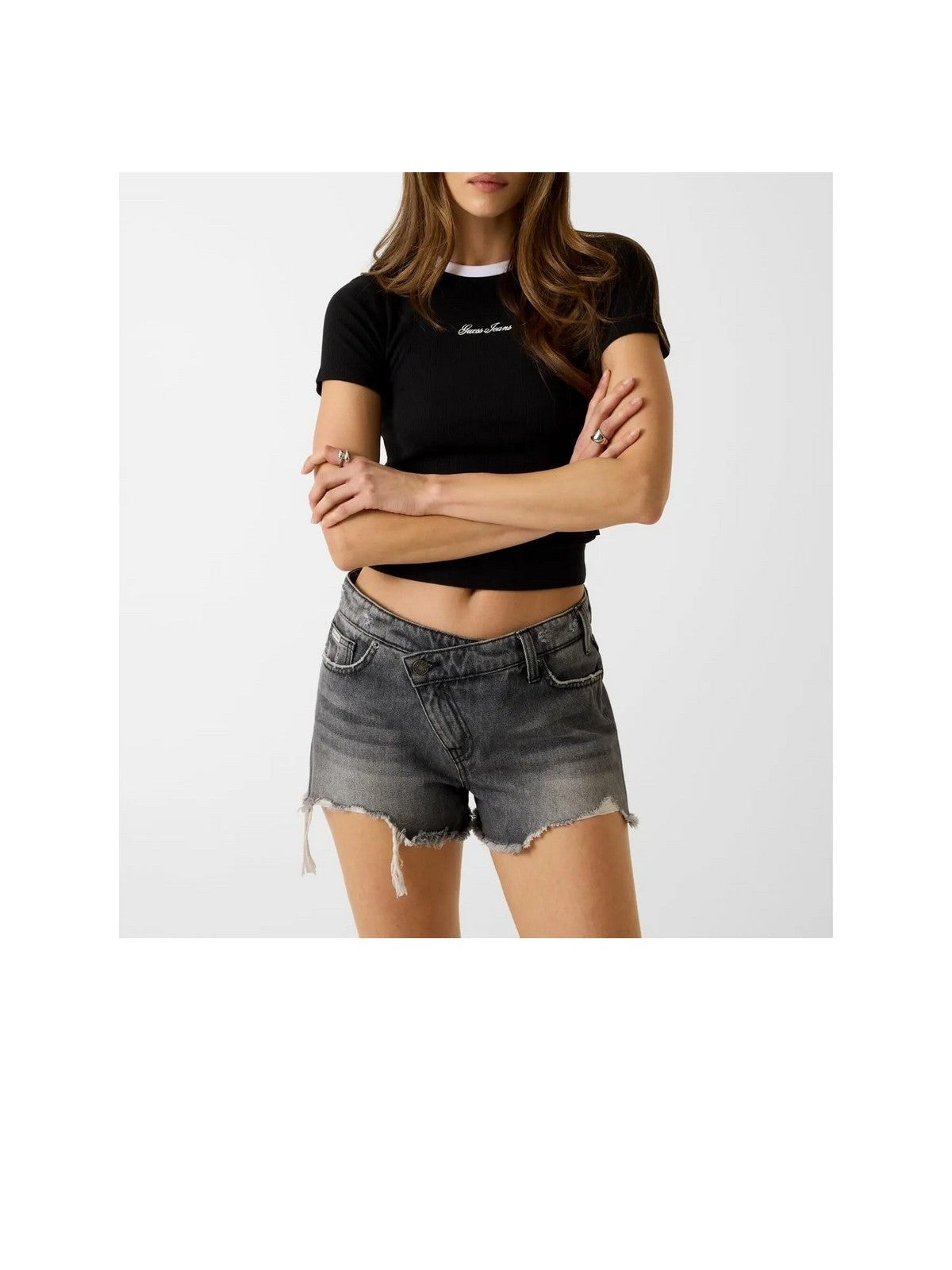 GUESS T-shirt Donna GJ SL CN EMBRO RINGER TEE W6GPA9 KF641 JBLK Jet Black A996