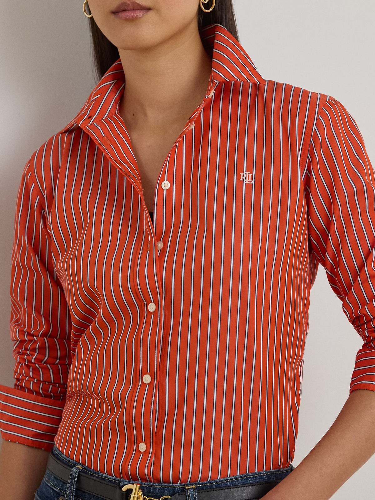 LAUREN RALPH LAUREN Damenhemd JAMELKO-LANGARM-KNOPF-FRONT-HEMD 200P03511 001 ORANGE/BLAU/WEISS