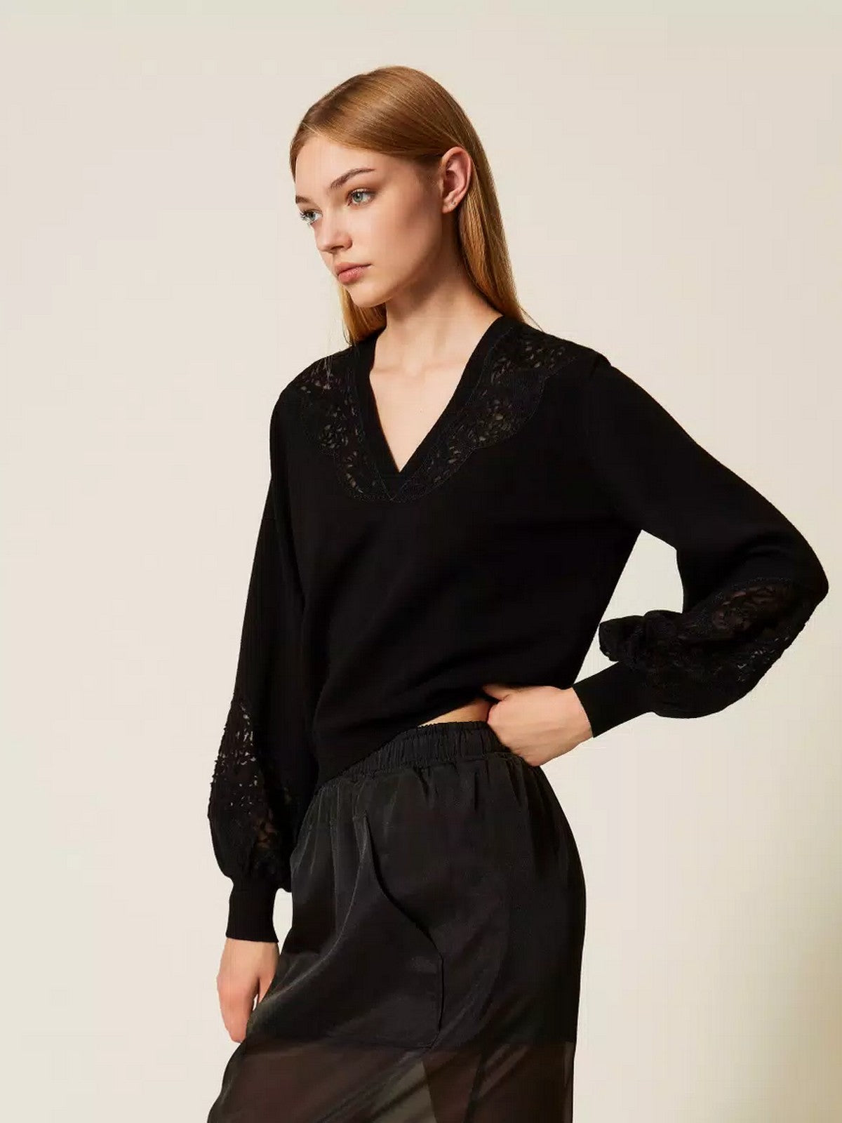 TWINSET Maglione Donna MIX VISCOSE & MESH EMBROIDERED INTARSIA 252TT3440 00006 Nero
