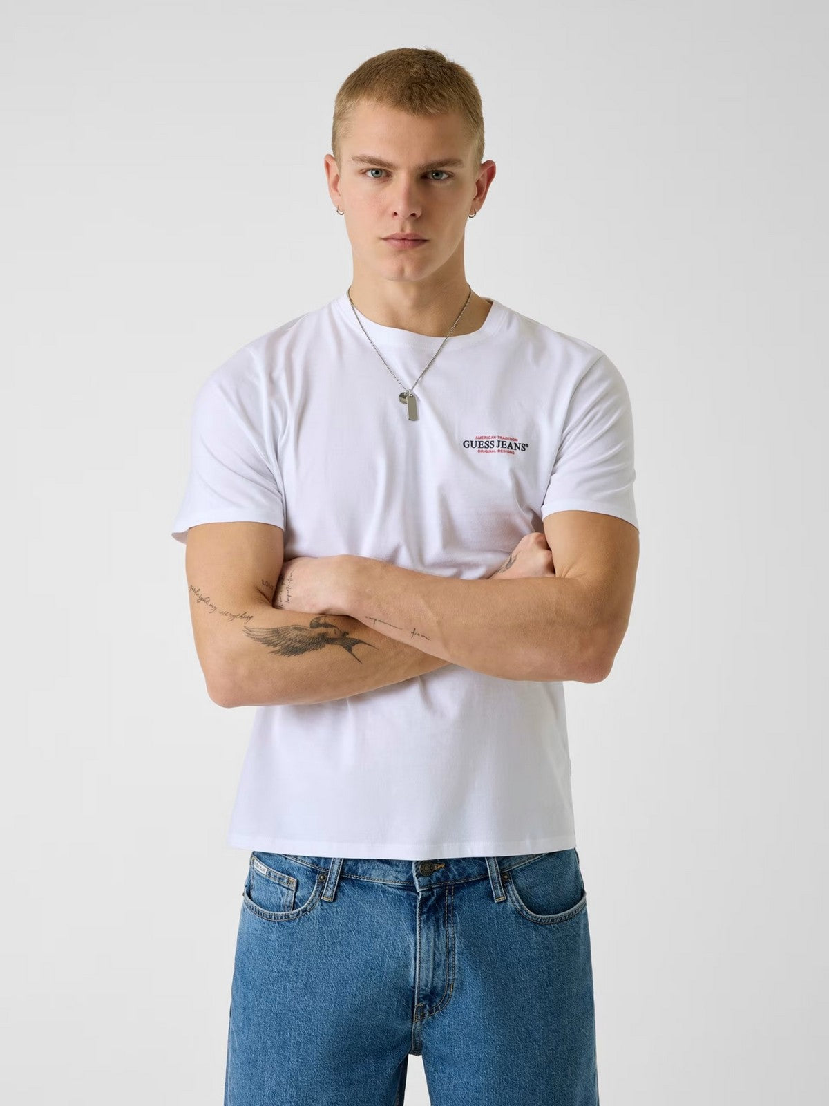 GUESS T-shirt Uomo GJ SS CN SLIM AMERICAN TR TEE M4YI55 K8HM0 G011 PURE WHITE