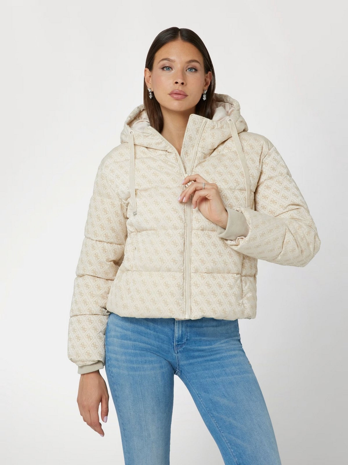 GUESS Piumino Donna DAISY PUFFER LOGO FLOCK W4BL36 WGJZ0 FN1E Bianco