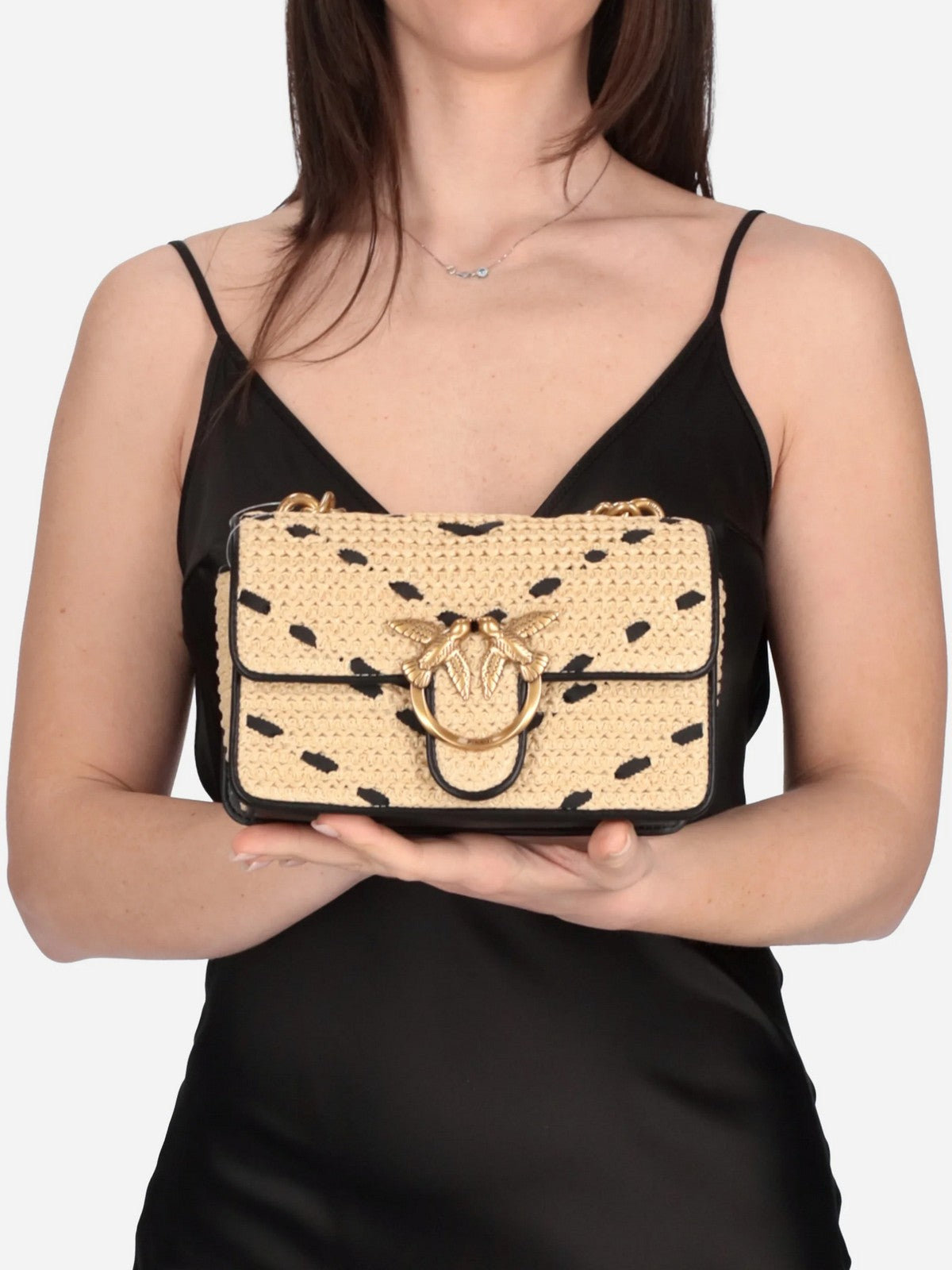 PINKO Borsa Donna LOVE ONE MINI LIGHT DC RAFIA + 104550-A1RL HZ3Q PAGLIA/NERO-ANTIQUE GOLD