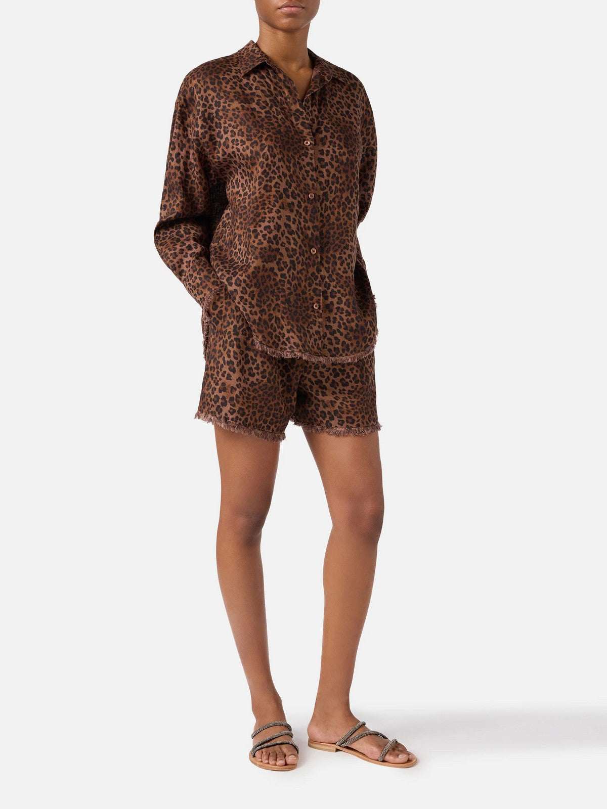 MC2 SAINT BARTH Camicia Donna  CRISTAL 07842L LINEN SAND LEOPARD 19 FRINGE