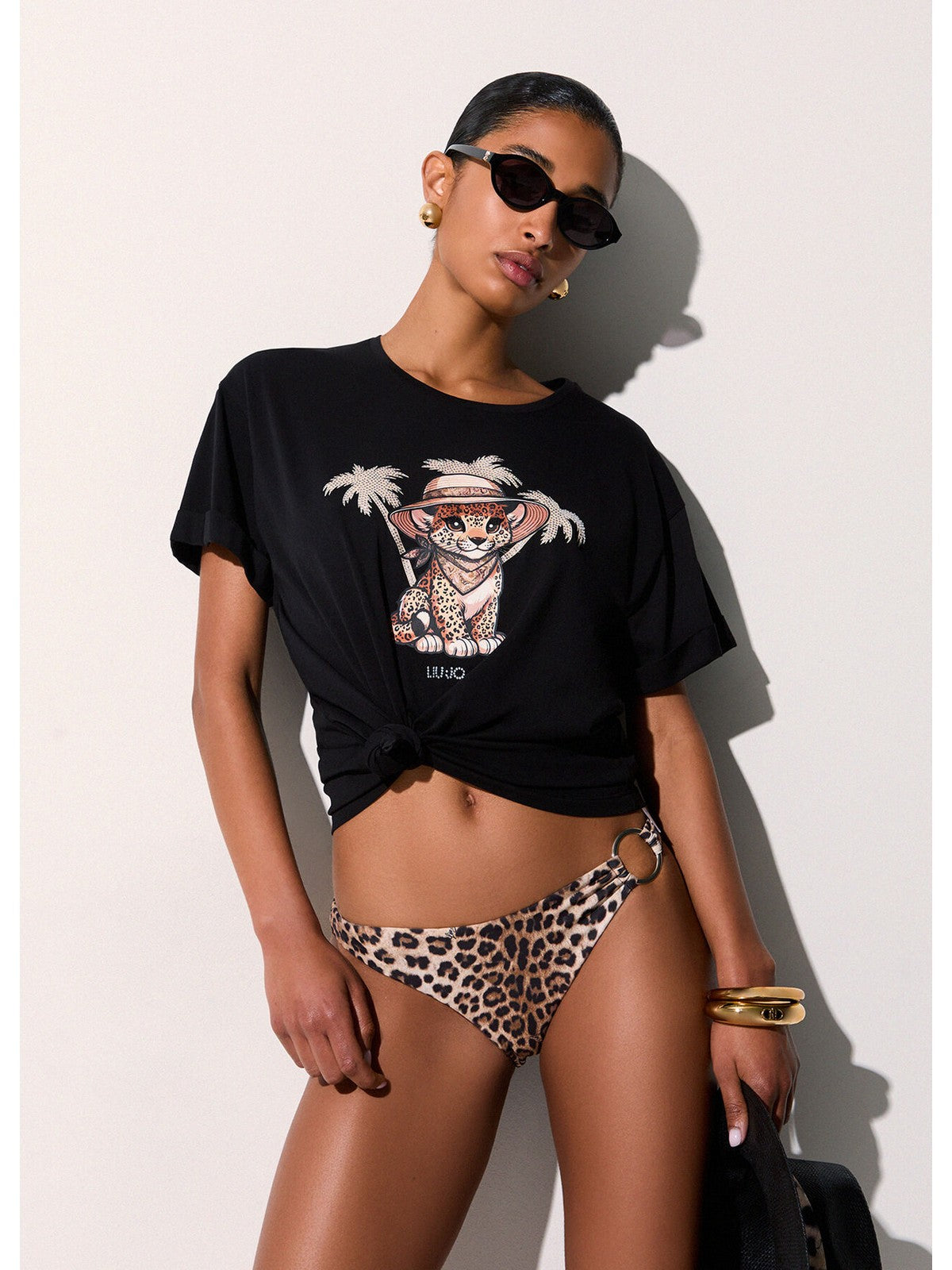 LIU JO BEACHWEAR T-shirt Donna  VA6170JS003 P9494 Nero/small leopard
