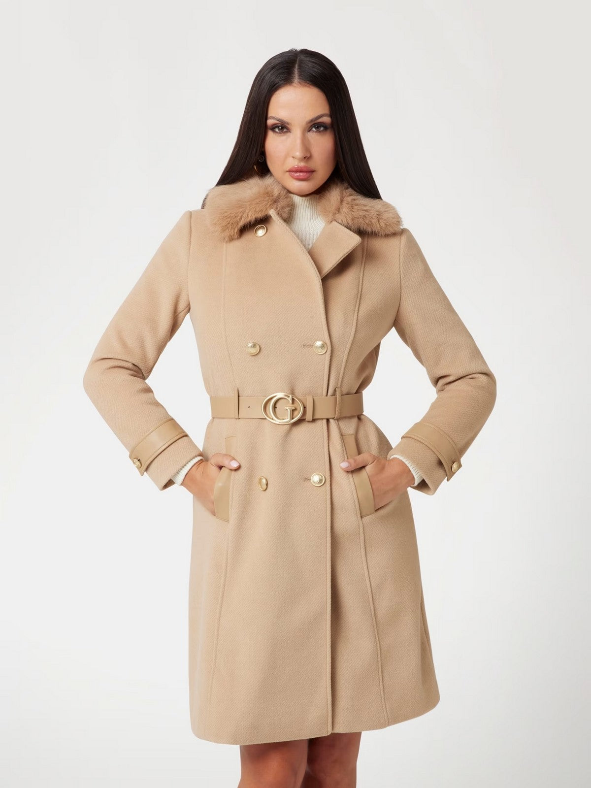 GUESS Cappotto Donna AMELIA DOUBLE BREAST BELT COAT W4BL46 WGKI2 G1FE Beige gioboutiqueweb