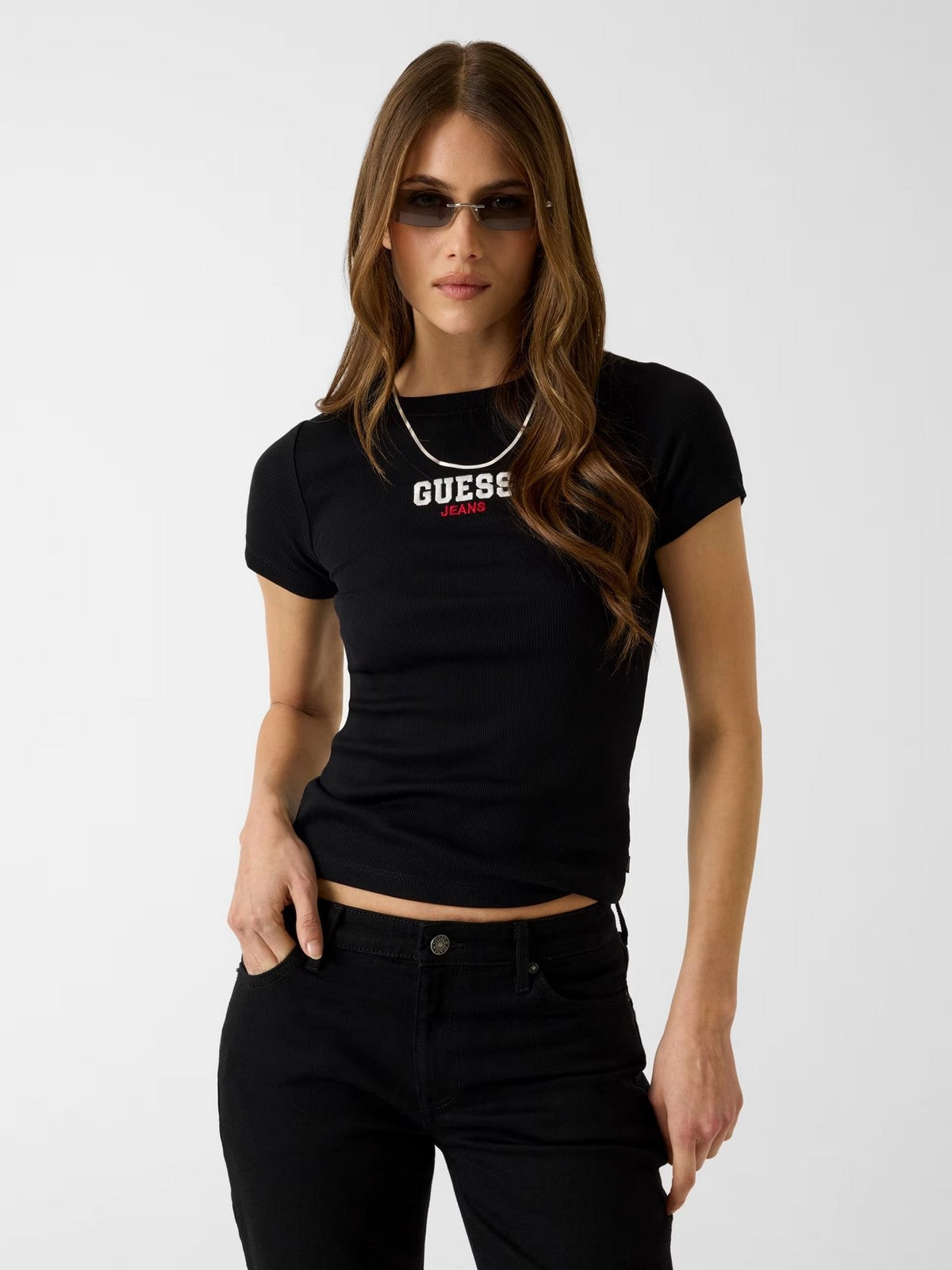 GUESS T-shirt Donna GJ SS CN SLIM RIB EMB TEE W4YI64 KA0H1 JBLK Jet Black A996