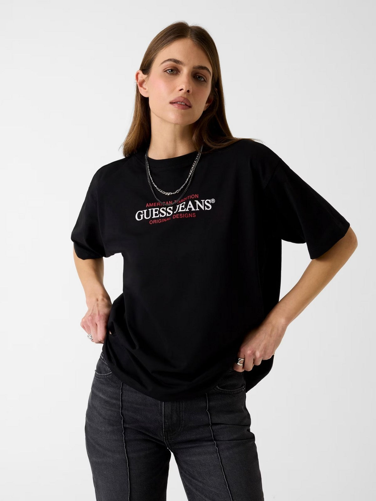 GUESS T-shirt Donna GJ SS CN OS AMERICAN TR TEE W4YI08 K8HM0 JBLK Jet Black A996