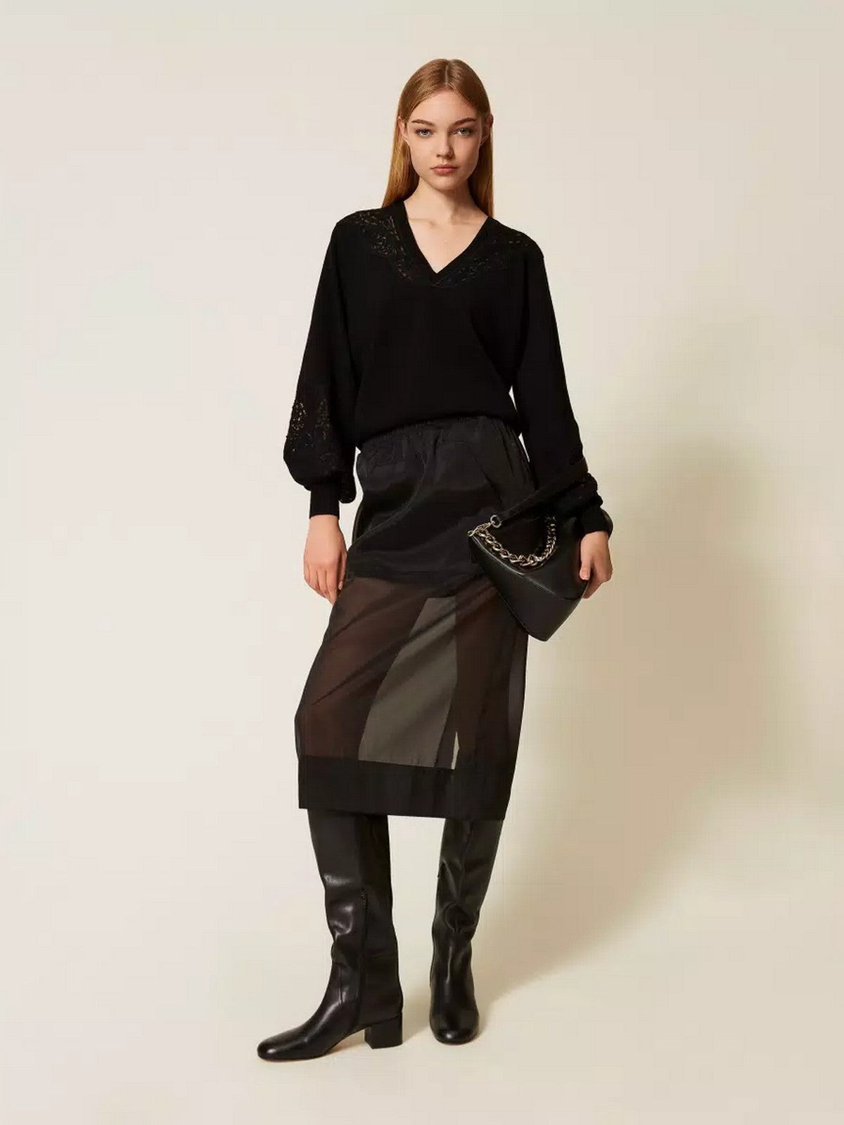 TWINSET Maglione Donna MIX VISCOSE & MESH EMBROIDERED INTARSIA 252TT3440 00006 Nero
