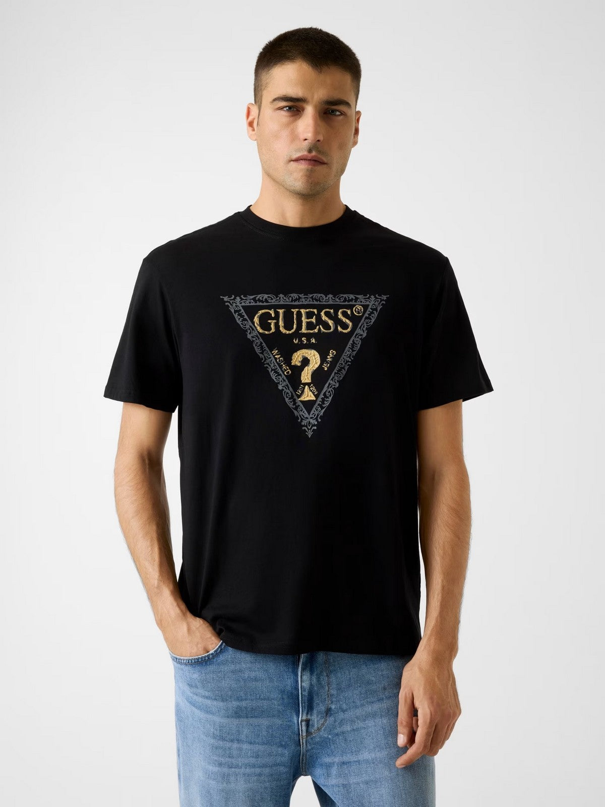 GUESS T-shirt Uomo SS CN GOLDEN TRIANGLE TEE M6RI15 I3Z14 JBLK Jet Black A996