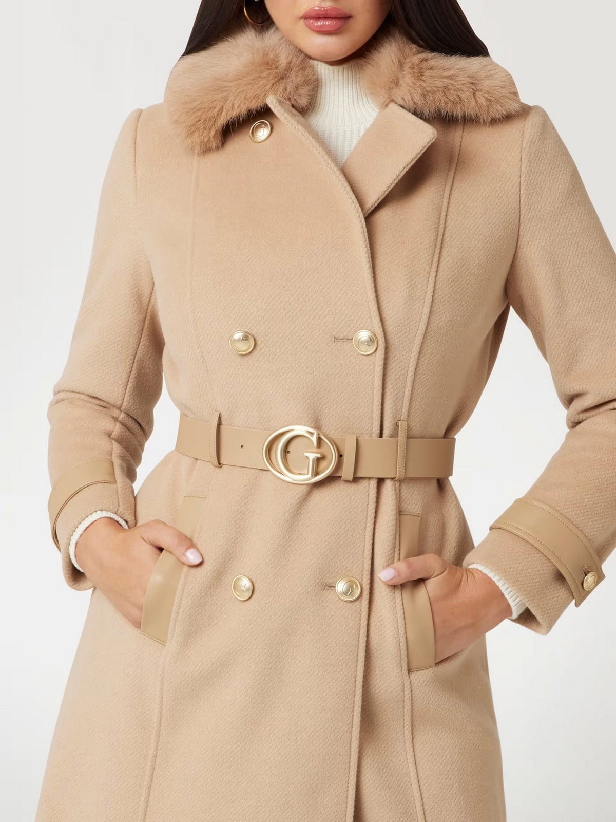 GUESS Cappotto Donna AMELIA DOUBLE BREAST BELT COAT W4BL46 WGKI2 G1FE Beige gioboutiqueweb