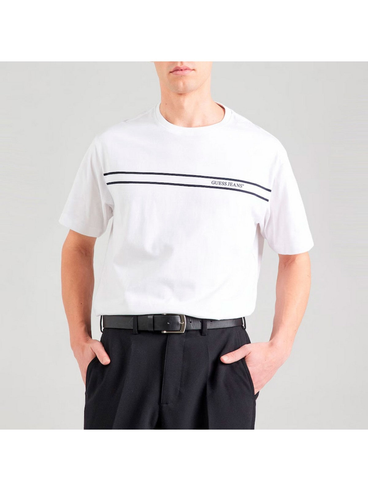 GUESS T-shirt Uomo GJ SS CN REG CHEST STRIPE TEE M5RI78 KCPQ1 G011 PURE WHITE gioboutiqueweb