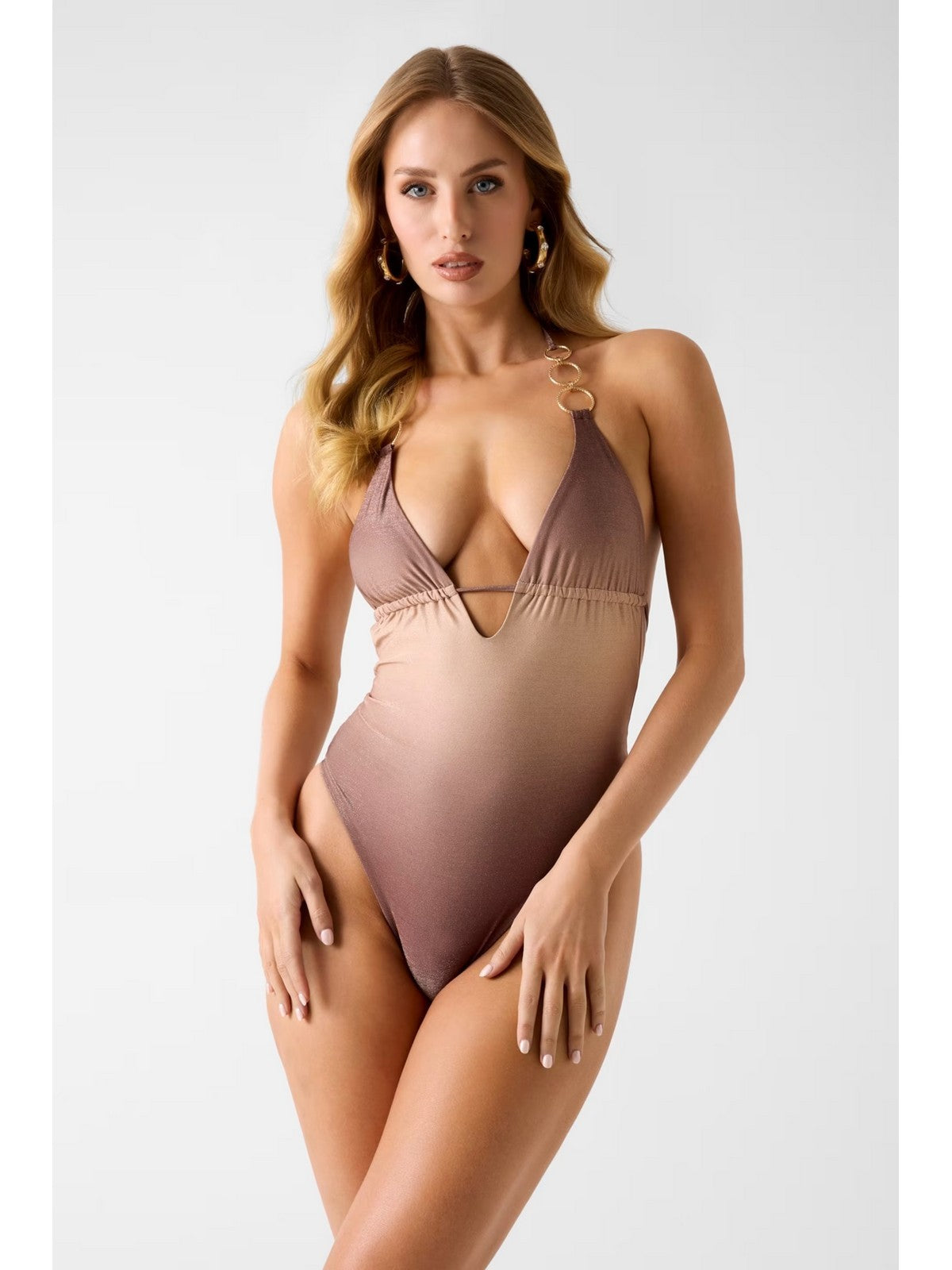 GUESS BEACHWEAR Costume da bagno Donna IRIS HALTER ONE PIECE SWIMSUIT E6GJ13 KF600 PMJQ BROWN SHADE AOP gioboutiqueweb