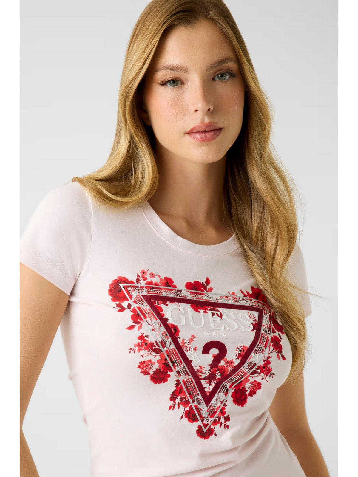 GUESS T-shirt Donna SS CN FLOWERS TRIANGLE TEE W6RI23 J1314 A627 DELICATE PINK