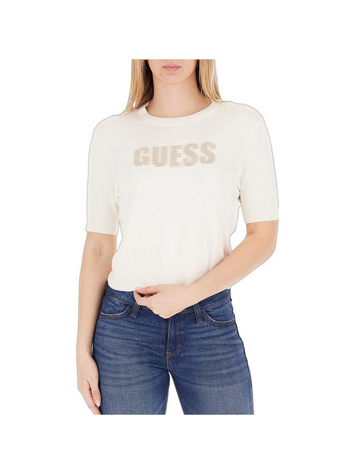 GUESS T-shirt Donna SS CN NORAH LOGO SWTR W6RR47 Z2NQ2 G012 CREAM WHITE