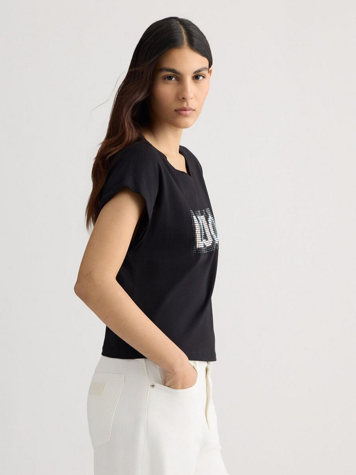 LIU JO BEACHWEAR T-shirt Donna  VA5151JS923 N9241 Nero/strass bicolor gioboutiqueweb