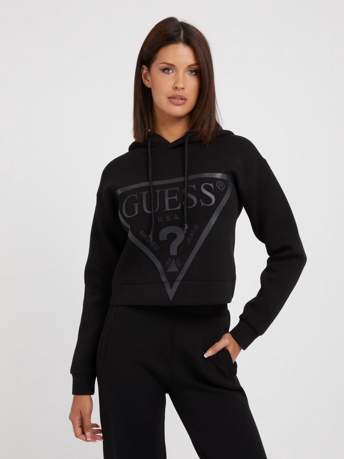 GUESS SPORT Felpa Donna NEW ALISA HOODED SWEATSHIRT V2YQ08 K7UW2 JBLK Jet Black A996