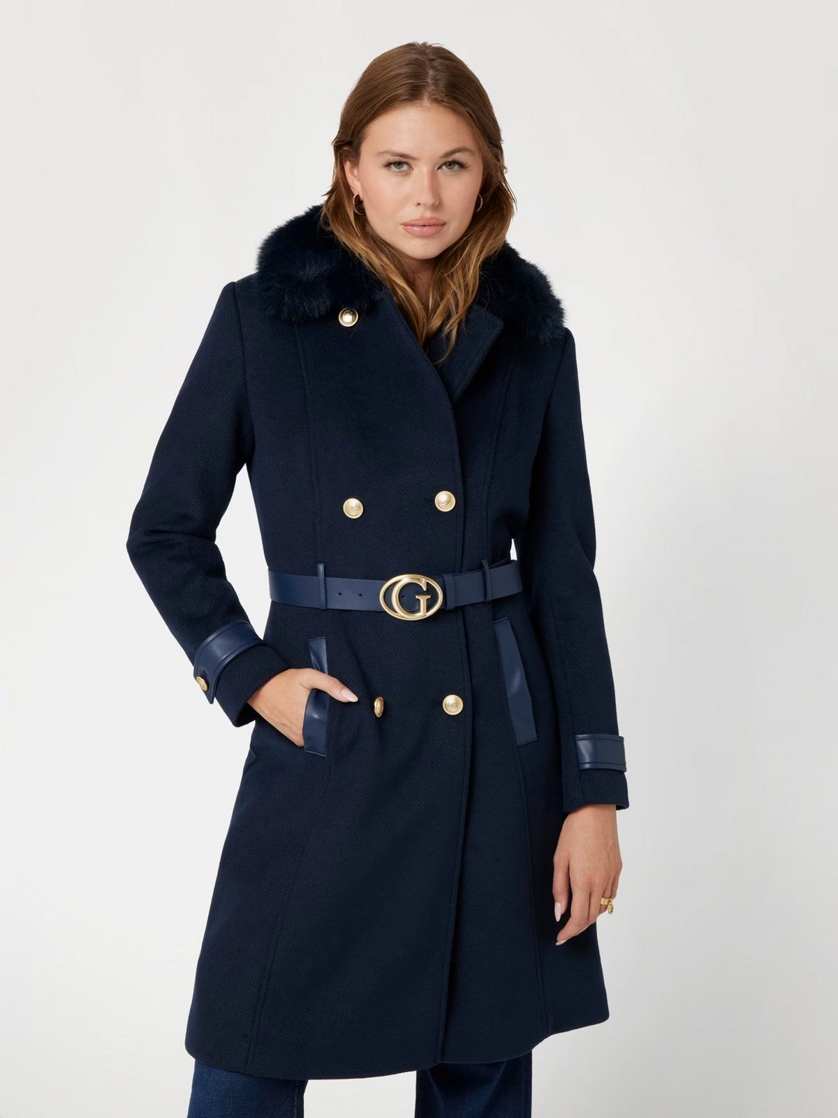 GUESS Cappotto Donna AMELIA DOUBLE BREAST BELT COAT W4BL46 WGKI2 G77G Blu gioboutiqueweb