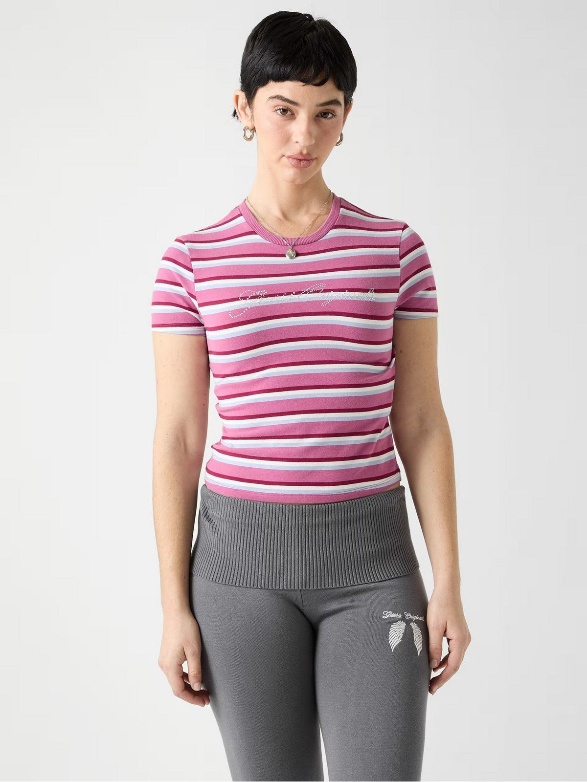 GUESS T-shirt Donna GO VINTAGE STRIPE BABY TEE W6RI41 J1314 S40Q PURPLE BLUSH MULTI S