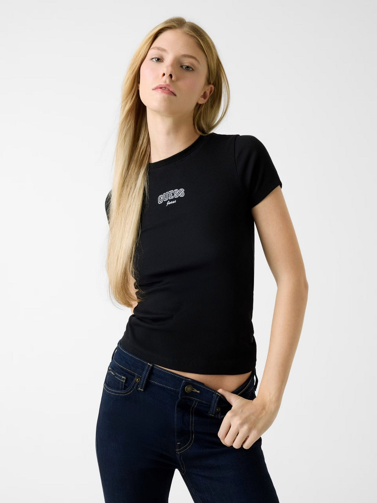 GUESS T-shirt Donna GJ SL CN EMBRO SLIM TEE W6RP21 KA0H1 JBLK Jet Black A996