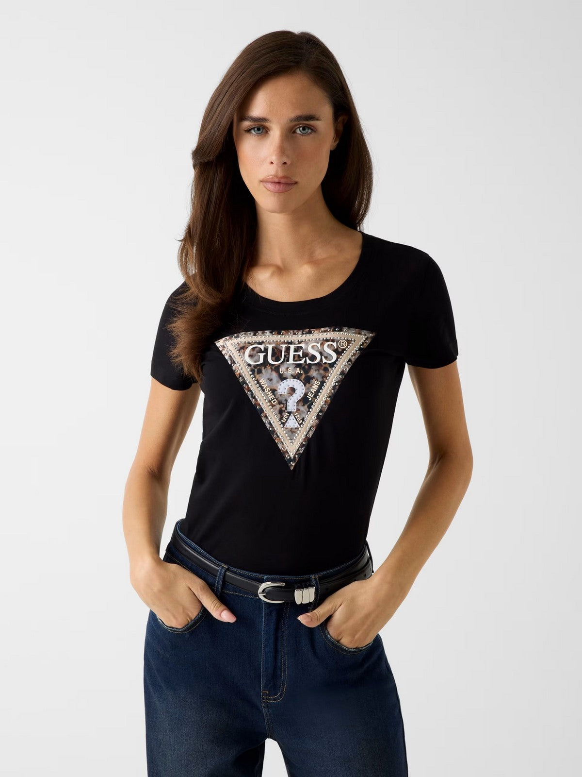 GUESS T-shirt Donna SS CN LEO TRIANGLE TEE W6RI32 J1314 JBLK Jet Black A996