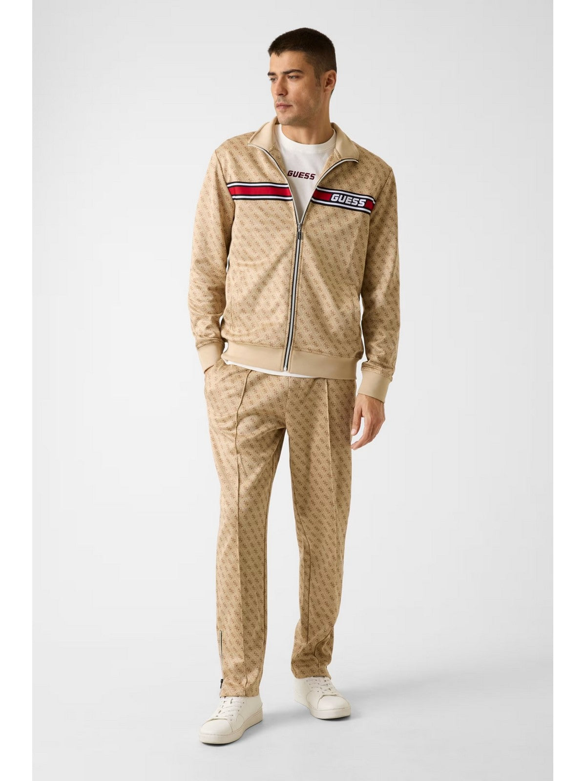 GUESS SPORT Felpa Uomo KORBIN FULL ZIP TRACKSUIT Z2BQ06 K7122 P13W 4G AOP BEIGE BLANCO