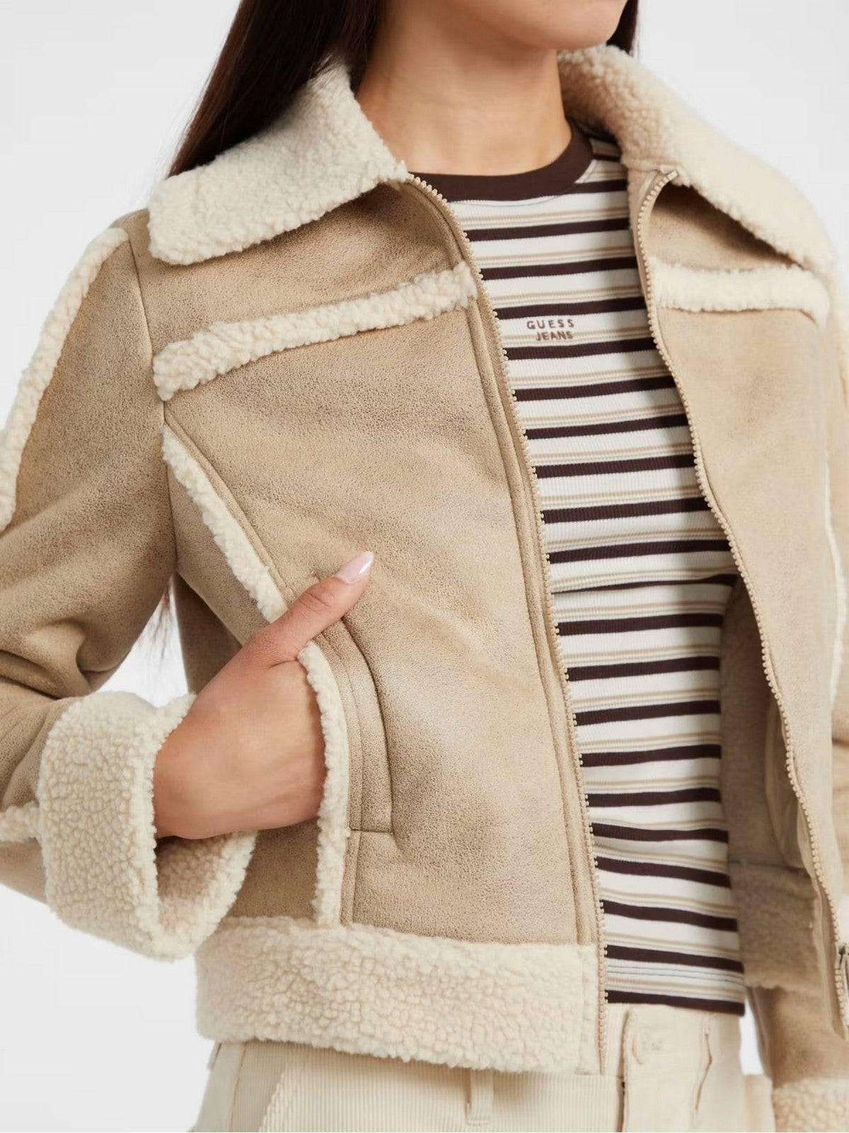 GUESS Giubbino Donna GJ FAUX SHEARLING JKT W5BL13 W1862 A117 SAFARI TAN