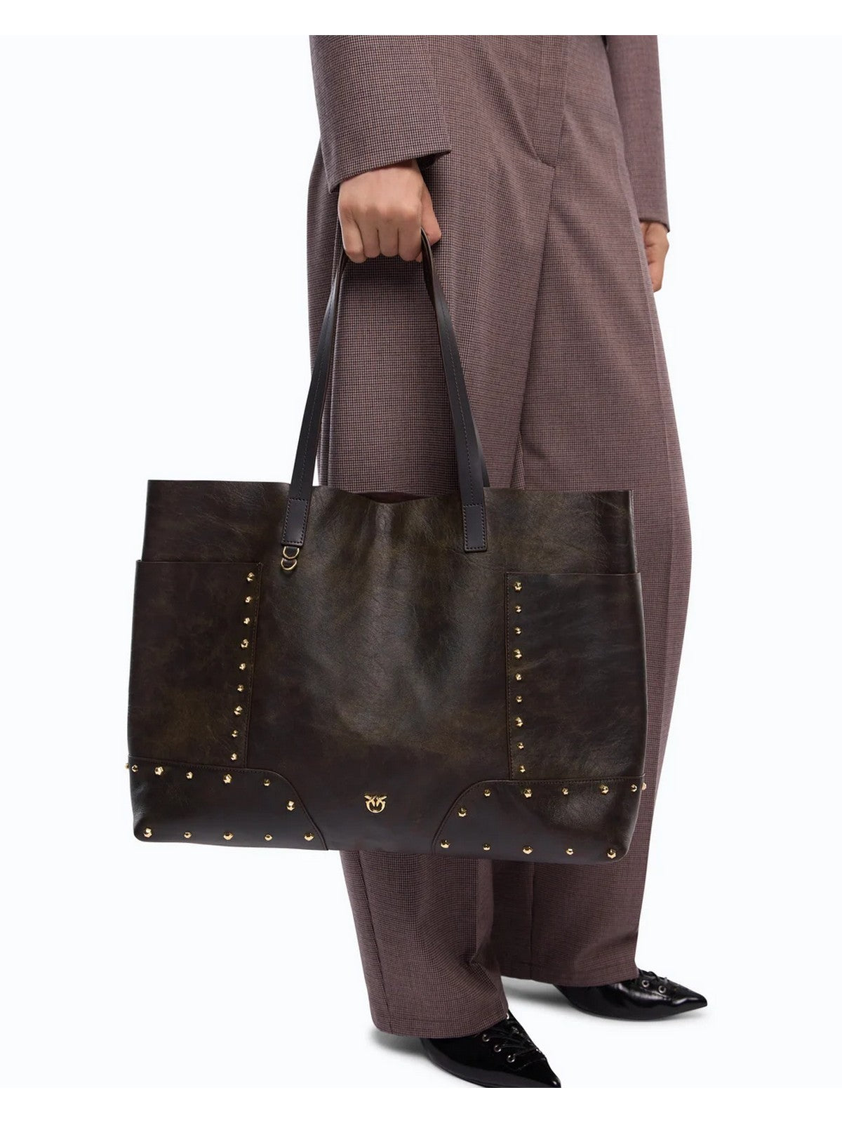 PINKO Borsa Donna TOTE BAG STUDS PATCH CLOUD LEA DARK BROWN-GOLD - 107650-A3MA L64Y