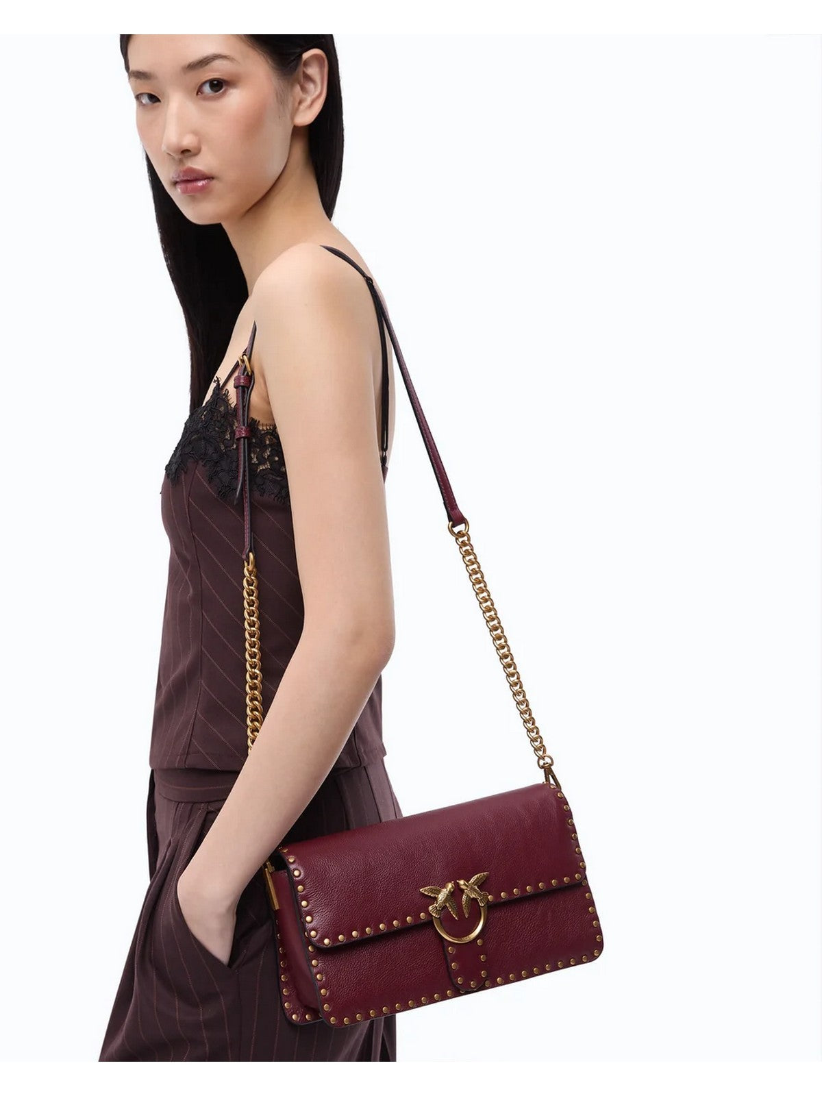 PINKO Borsa Donna LOVE ONE SLOUCHY CL STUDS SMAL RIBES INTENSO-ANTIQUE GOLD - 107664-A2JG WW5Q