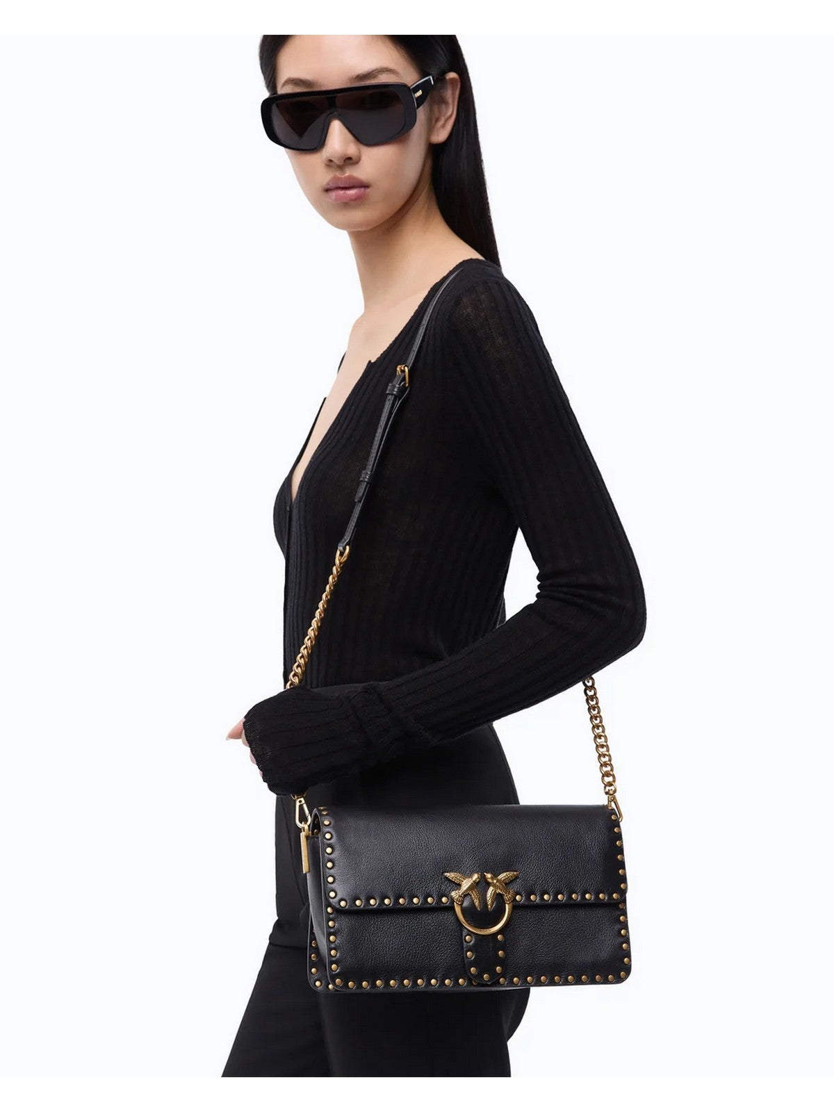 PINKO Borsa Donna LOVE ONE SLOUCHY CL STUDS SMAL NERO-ANTIQUE GOLD - 107664-A2JG Z99Q