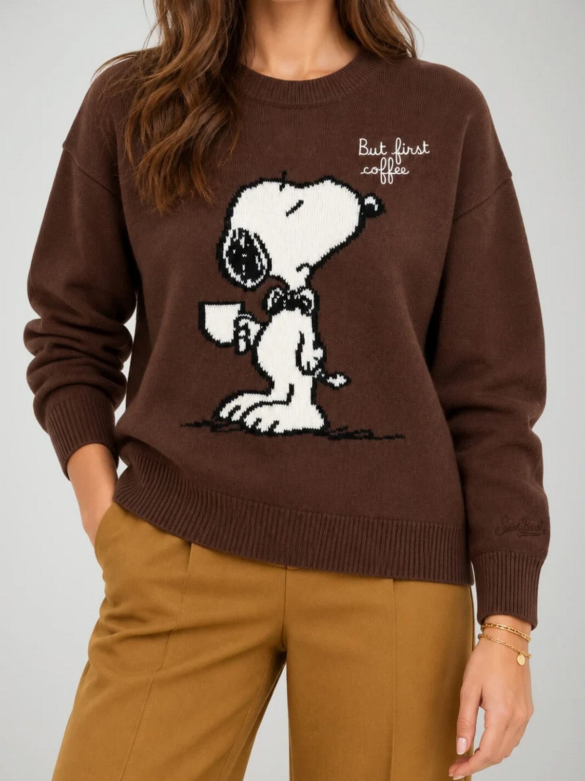 MC2 SAINT BARTH Maglione Donna SNOOPY FIRST COFFEE 18 EMB - TESSA 03929M gioboutiqueweb