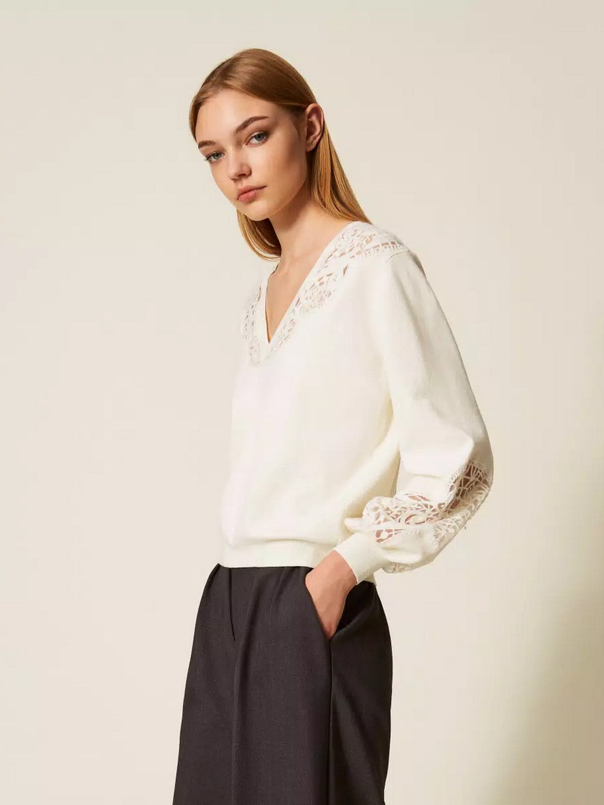 TWINSET Maglione Donna MIX VISCOSE & MESH EMBROIDERED INTARSIA 252TT3440 00282 NEVE