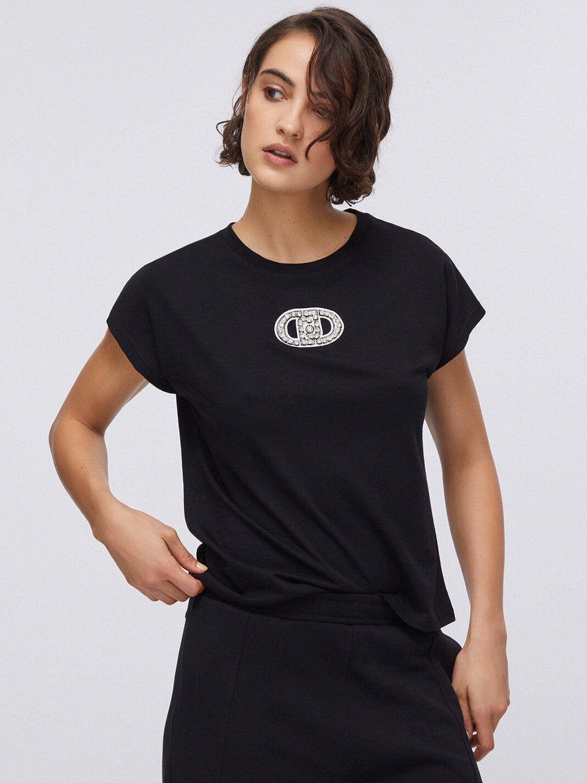 LIU JO SPORT T-shirt Donna  TA6164JS870 P9298 Nero/logo strass gioboutiqueweb