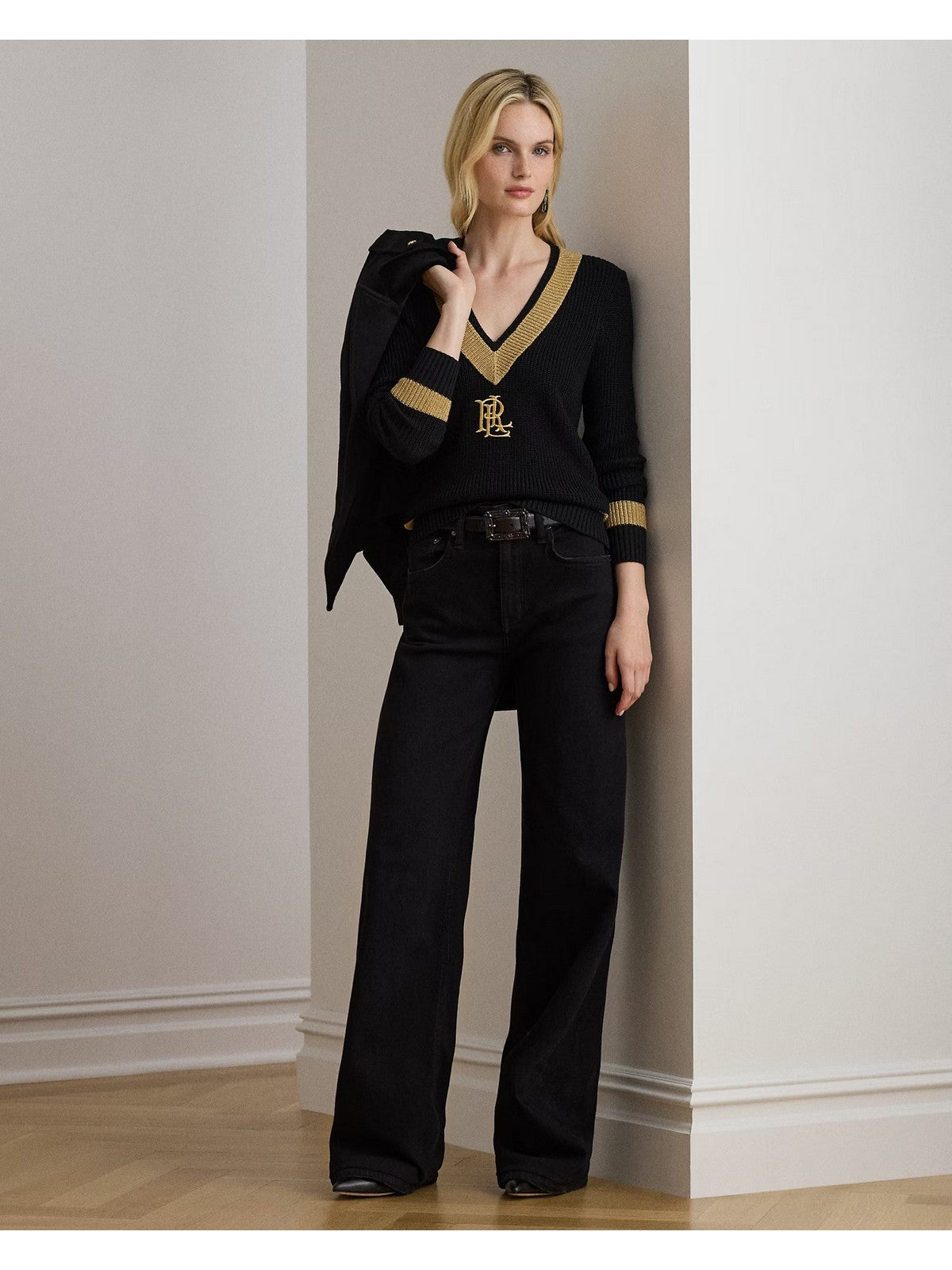 Lauren Ralph Lauren Maglione Woman Meren-Long Sleeve-Pullover 20097966 001 Black/Relic Gold Metallic