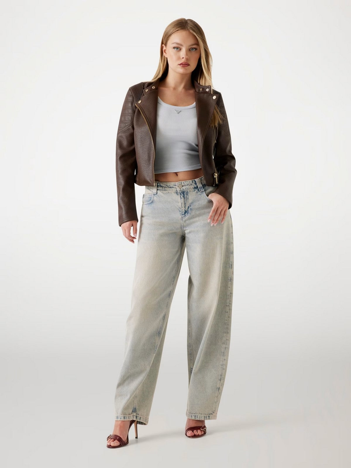 GUESS Giubbino Donna JEANNINE PU STITCHED JACKET W5YL19 WHDS0 FN09 REGAL BROWN MULTI