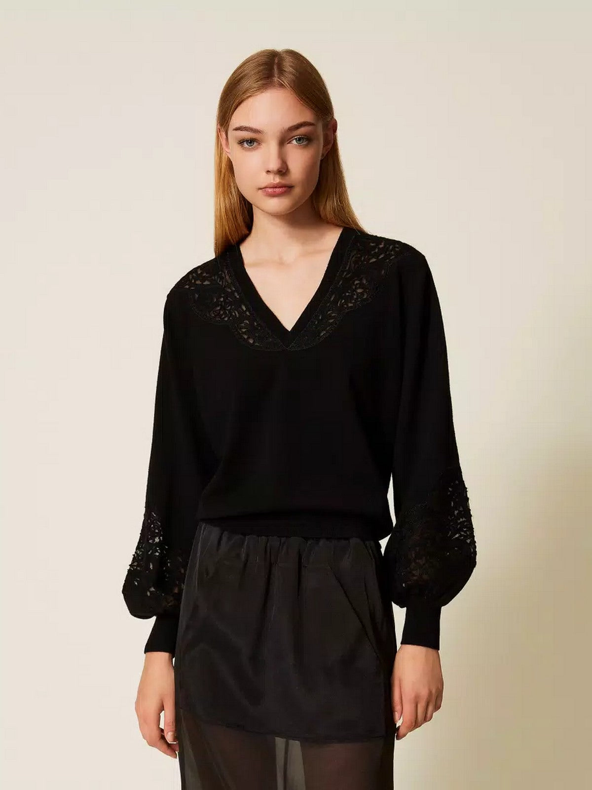 TWINSET Maglione Donna MIX VISCOSE & MESH EMBROIDERED INTARSIA 252TT3440 00006 Nero